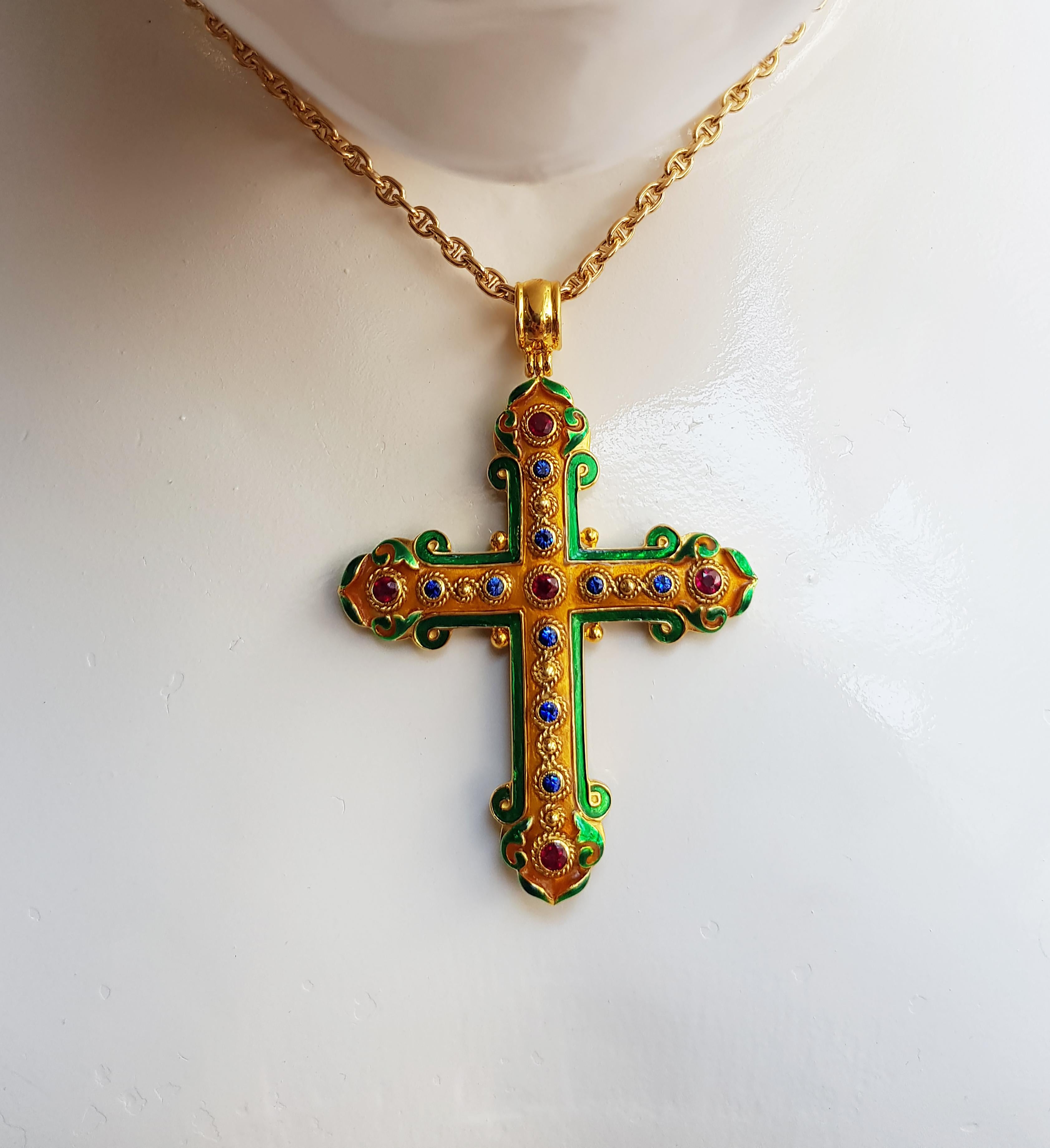 Colgante de zafiro azul con rubí en forma de cruz de doble cara engastado en oro de 18 quilates Corte redondo en venta