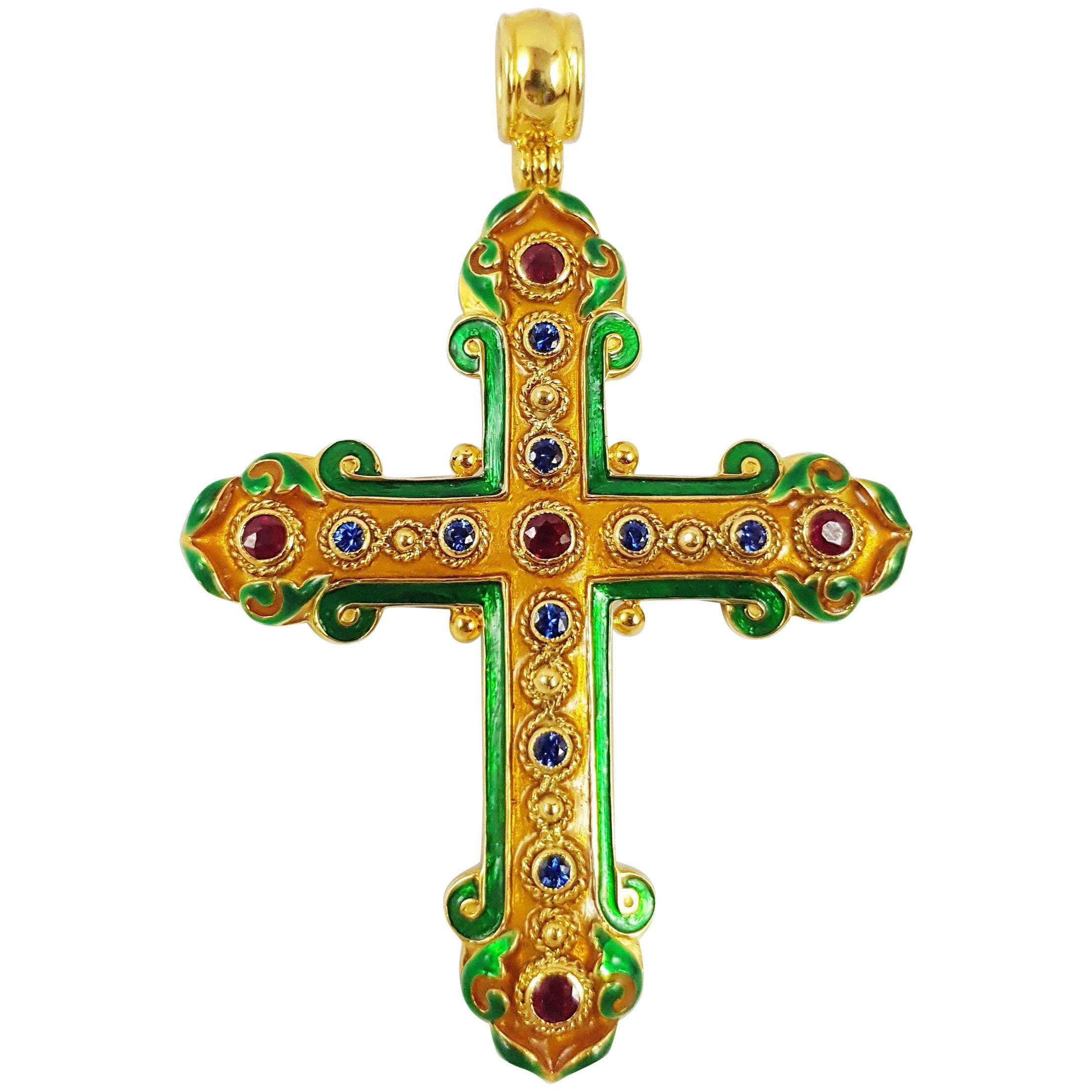 Colgante de zafiro azul con rubí en forma de cruz de doble cara engastado en oro de 18 quilates en venta