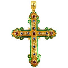 Blue Sapphire with Ruby Double Sided Cross Pendant Set in 18 Karat Gold Settings