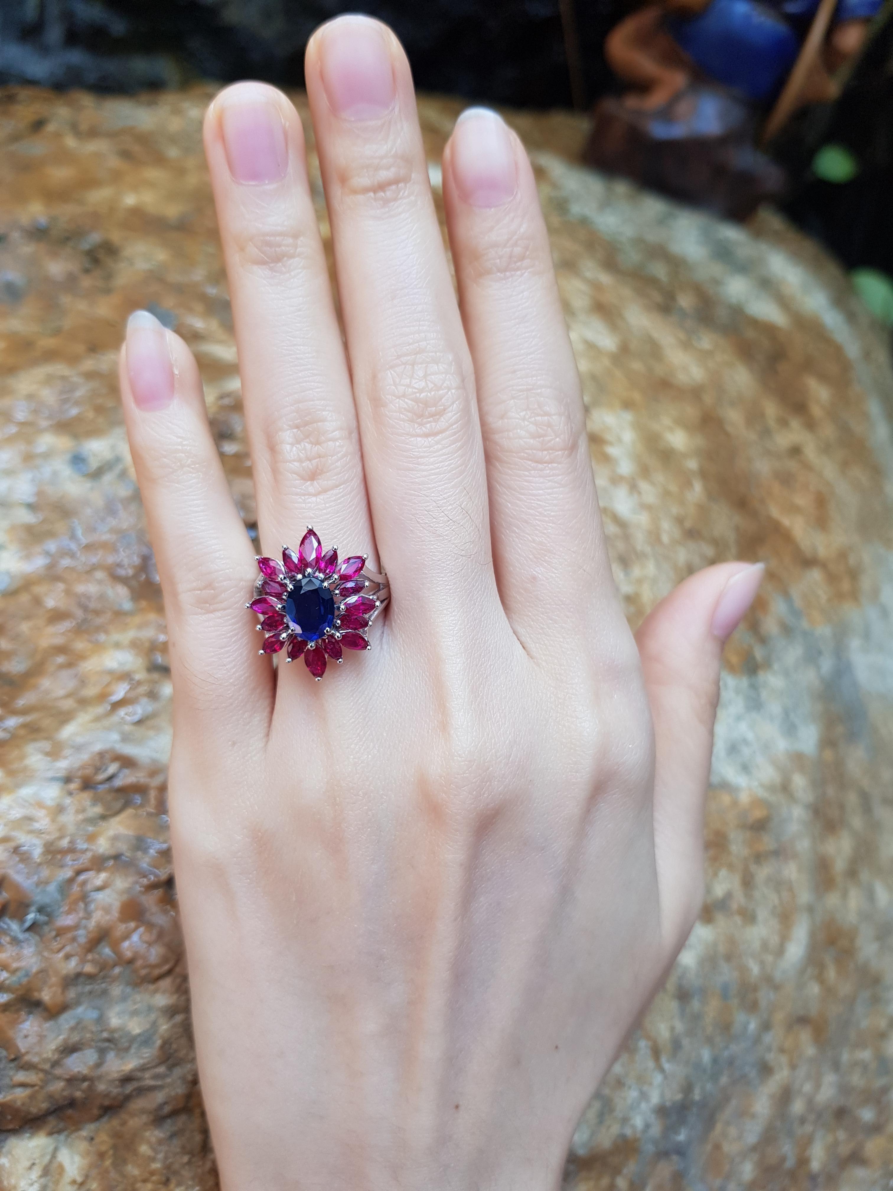 Blue Sapphire 1.41 carats with Ruby 2.28 carats Ring set in 18 Karat White Gold Settings

Width:  1.6 cm 
Length: 2.1 cm
Ring Size: 51
Total Weight: 6.64 grams

