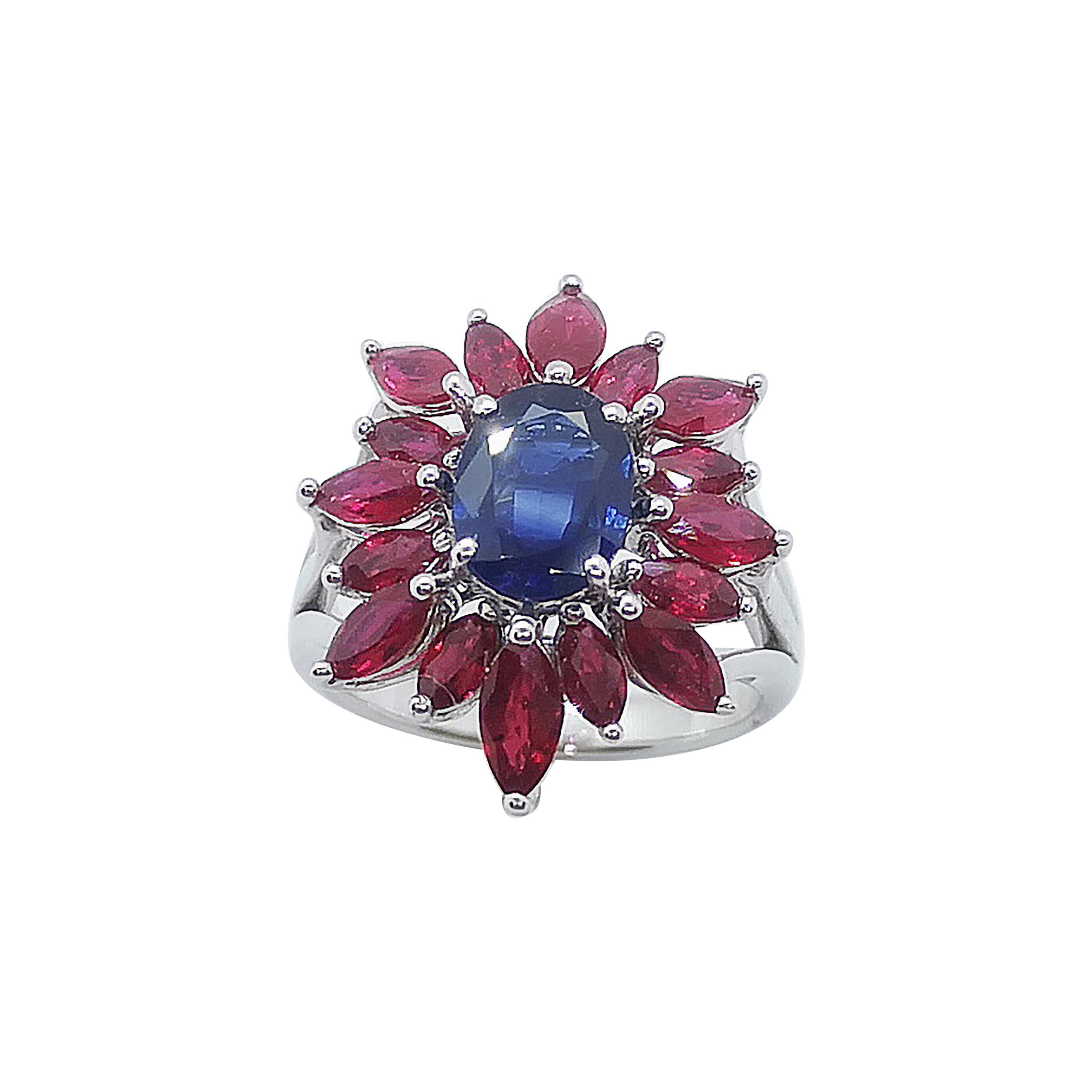 Blue Sapphire with Ruby Ring Set in 18 Karat White Gold Settings For Sale