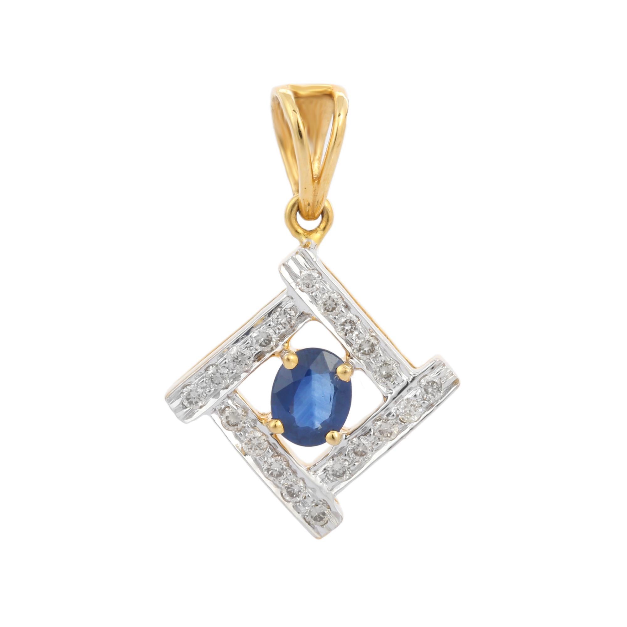 Natural Blue Sapphire pendant in 18K Gold. It has oval cut sapphire studded with diamonds that completes your look with a decent touch. Pendants are used to wear or gifted to represent love and promises. It's an attractive jewelry piece that goes