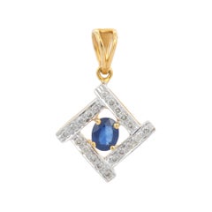 Square Blue Sapphire with Studded Diamond Pendant in 18K Yellow Gold