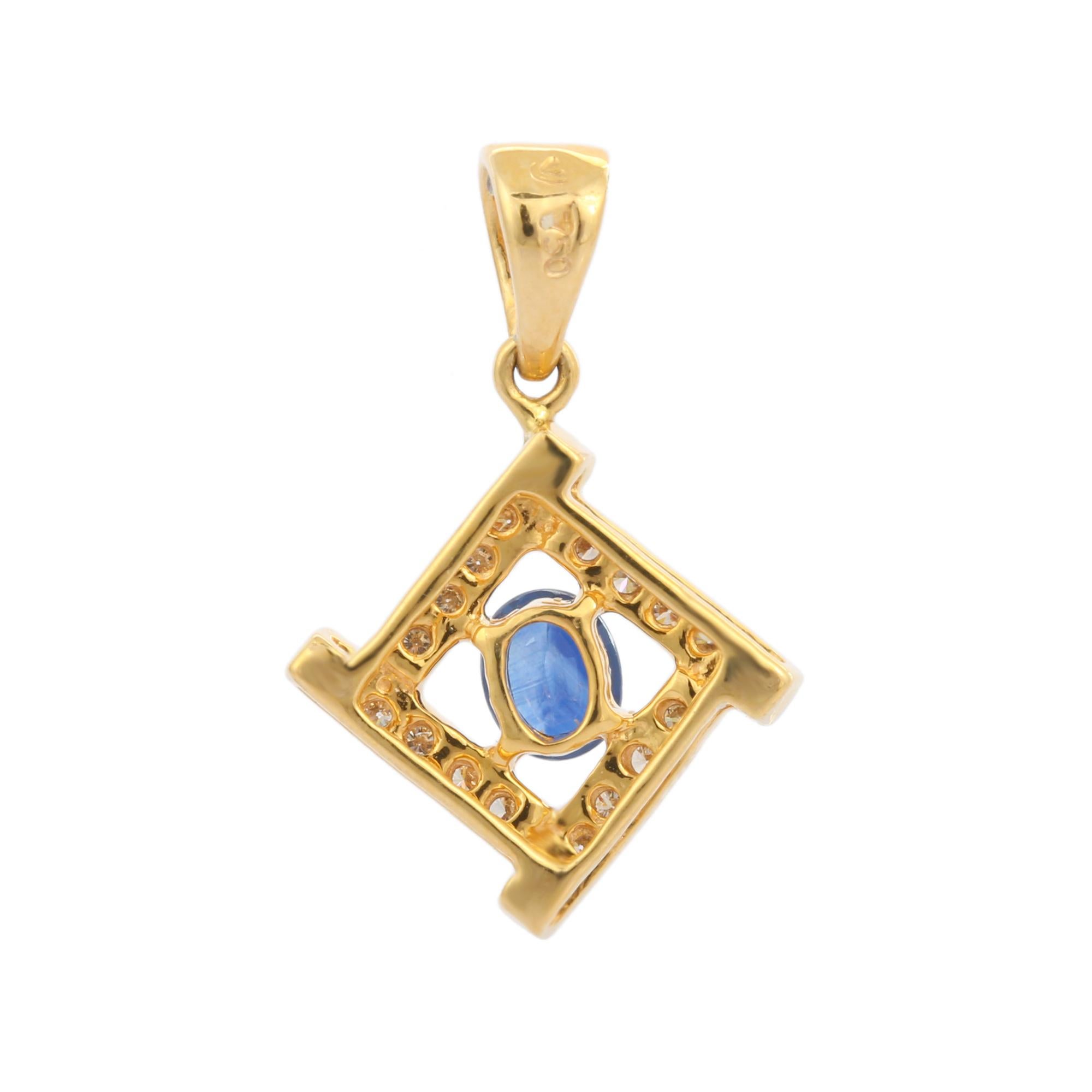 Contemporary Square Blue Sapphire with Studded Diamond Pendant in 18K Yellow Gold For Sale