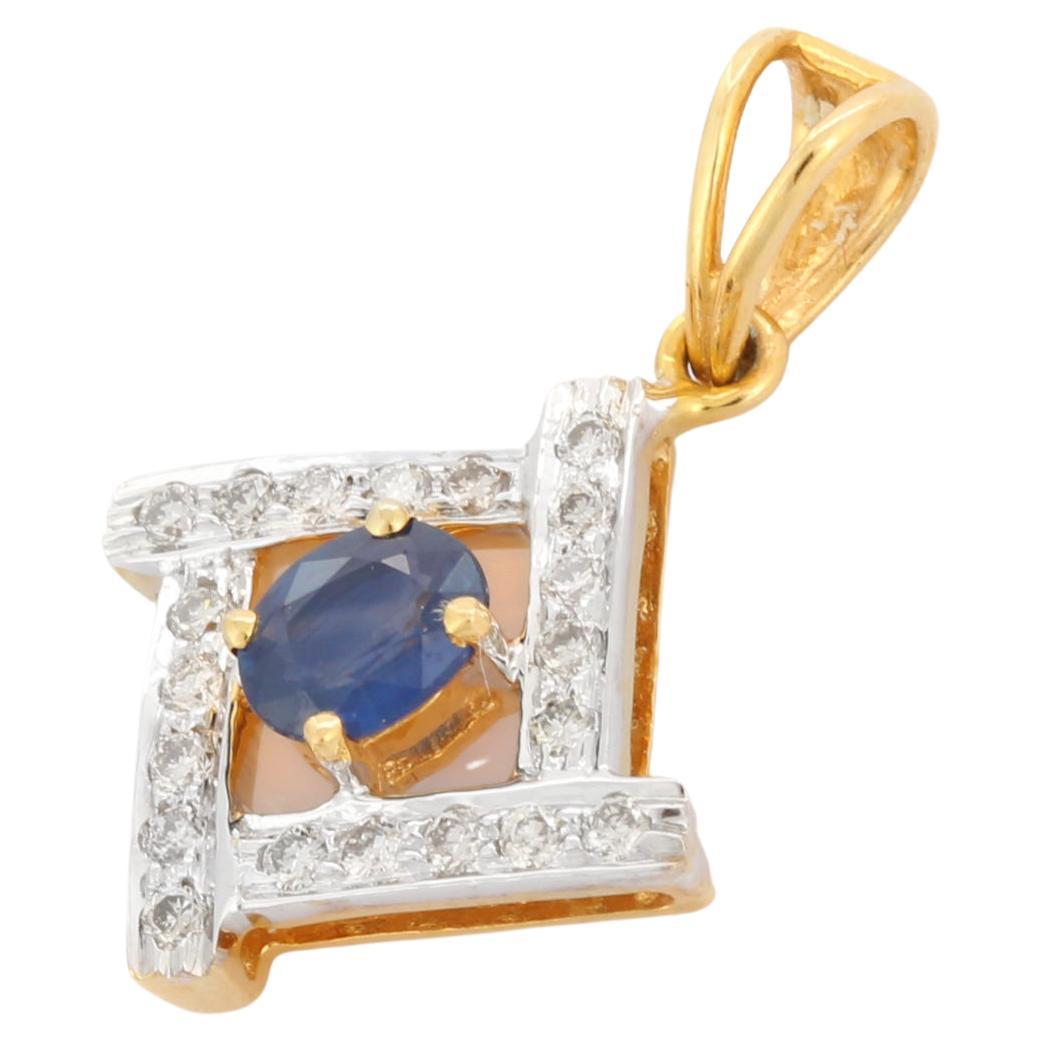 Square Blue Sapphire with Studded Diamond Pendant in 18K Yellow Gold For Sale
