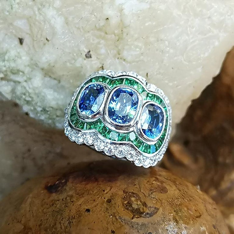 Blue Sapphire with Tsavorite and Diamond Ring Set in 18 Karat White Gold For Sale 1