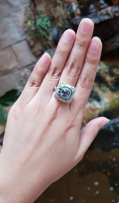 Blue Sapphire with Tsavorite and Diamond Ring Set in 18 Karat White Gold Setting