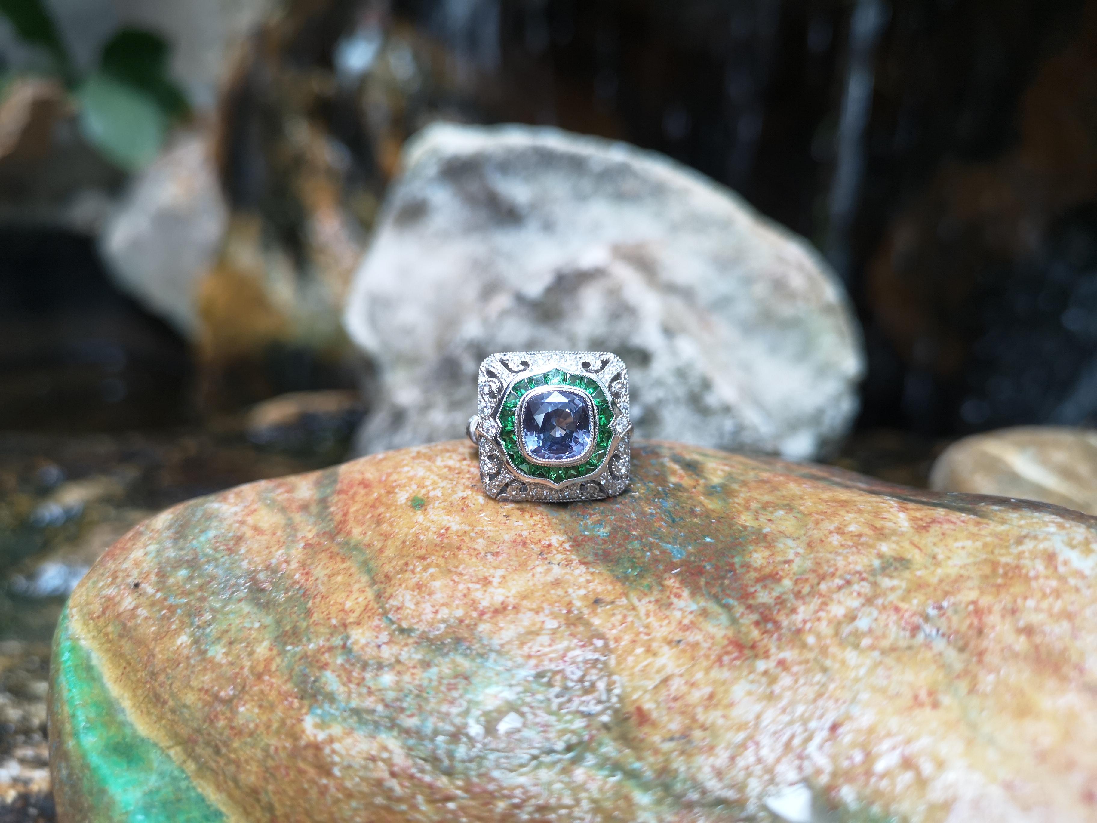 Art Deco Blue Sapphire with Tsavorite and Diamond Ring Set in 18 Karat White Gold Setting For Sale