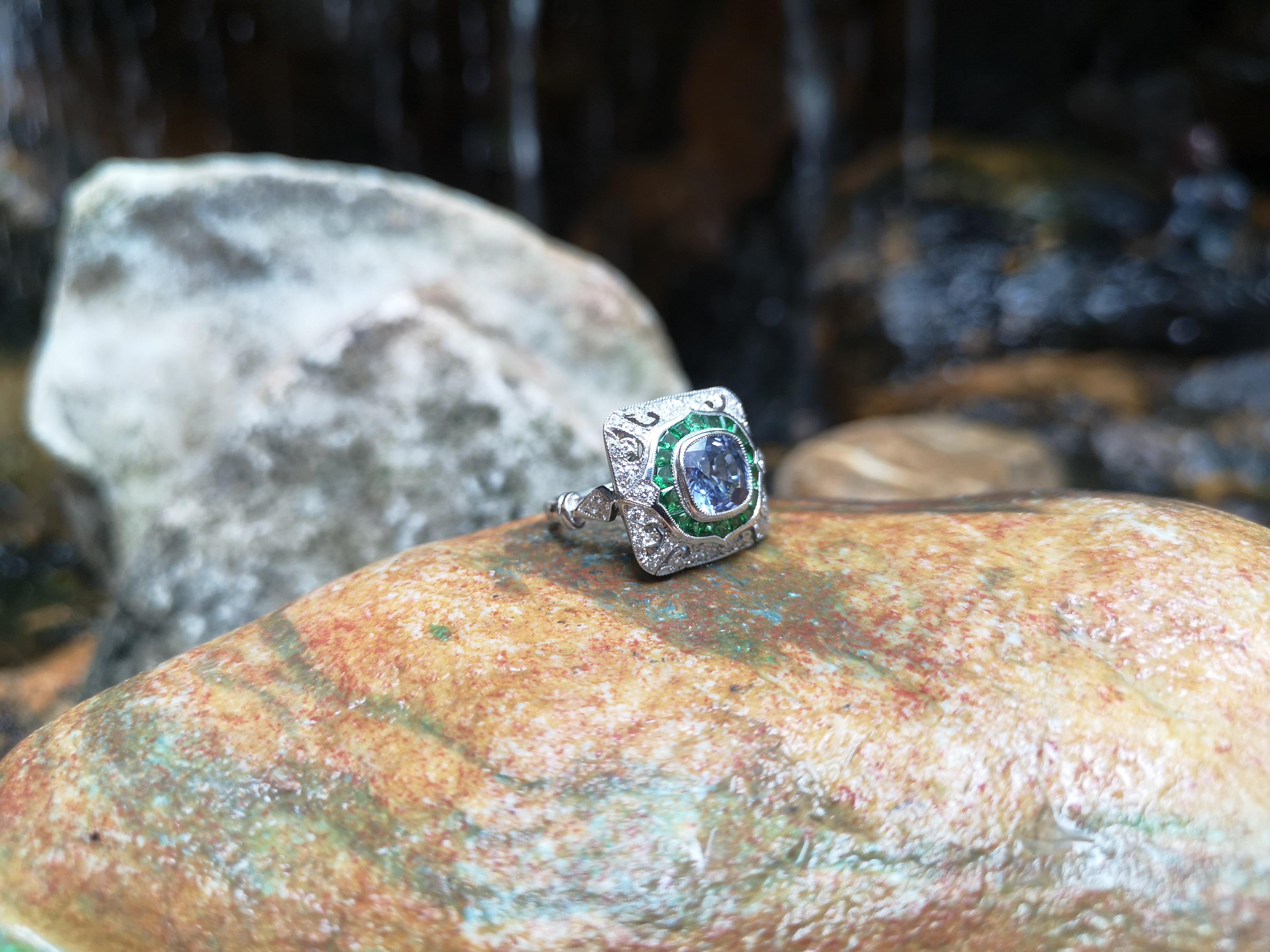 Cushion Cut Blue Sapphire with Tsavorite and Diamond Ring Set in 18 Karat White Gold Setting For Sale
