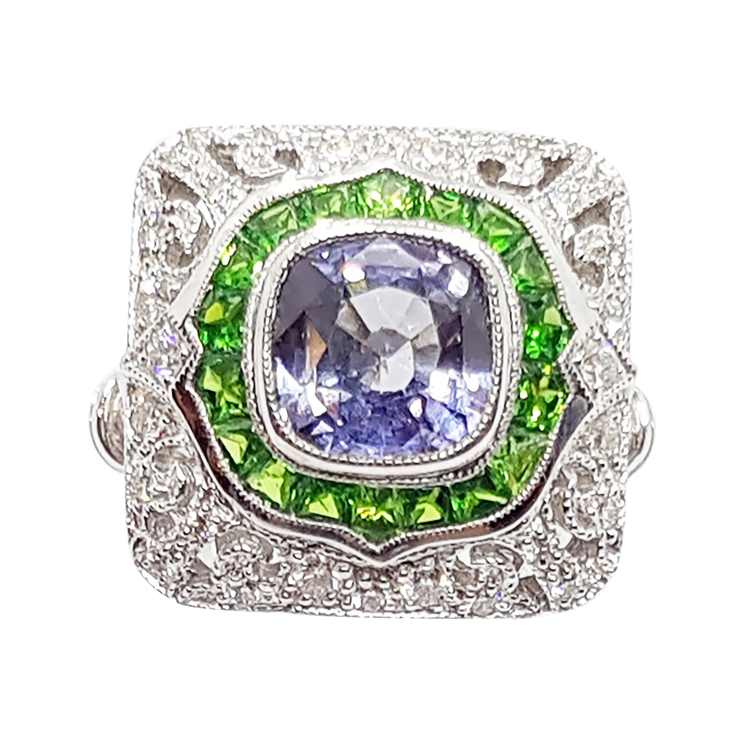 Blue Sapphire with Tsavorite and Diamond Ring Set in 18 Karat White Gold Setting