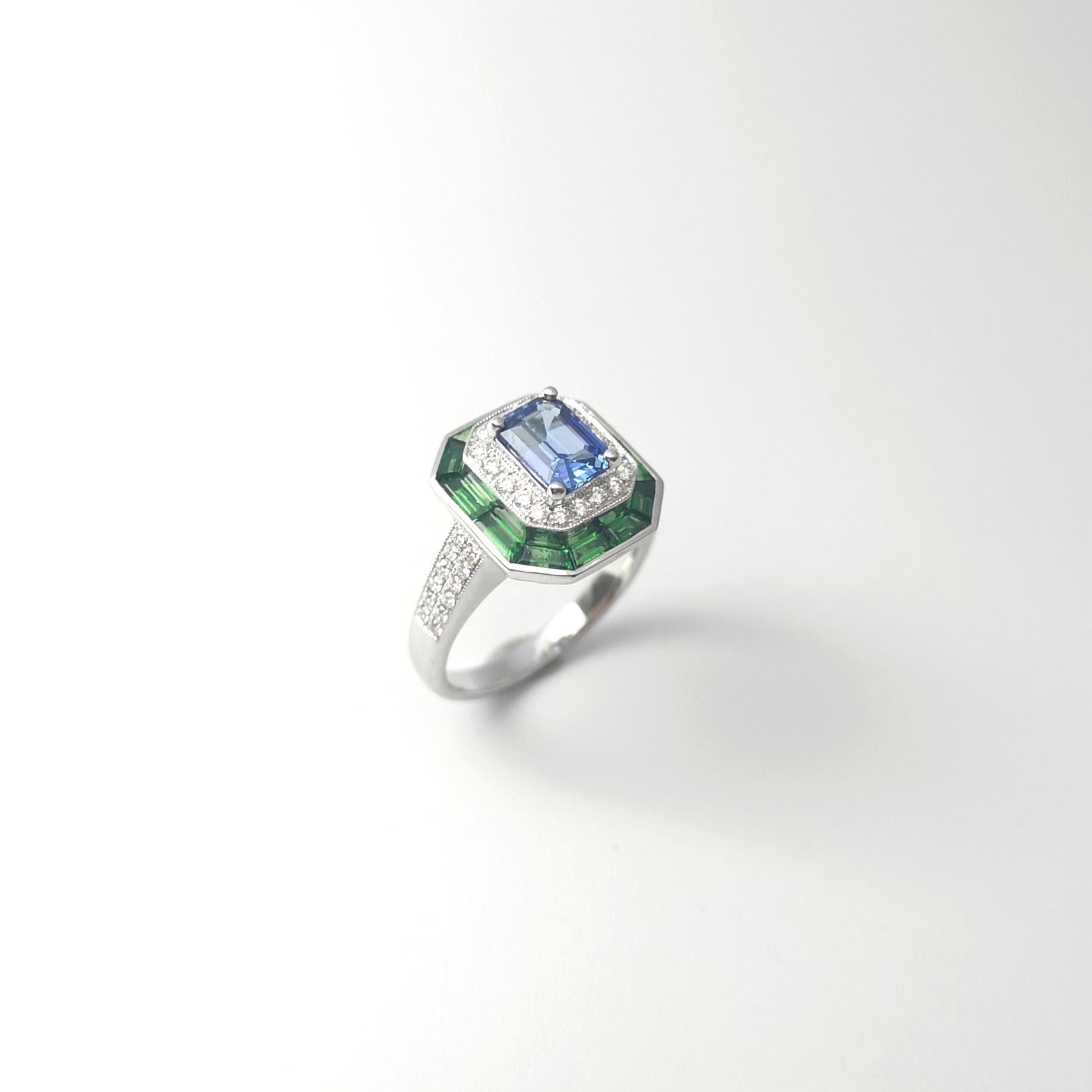 Blue Sapphire with Tsavorite and Diamond Ring set in 18K White Gold Settings For Sale 4