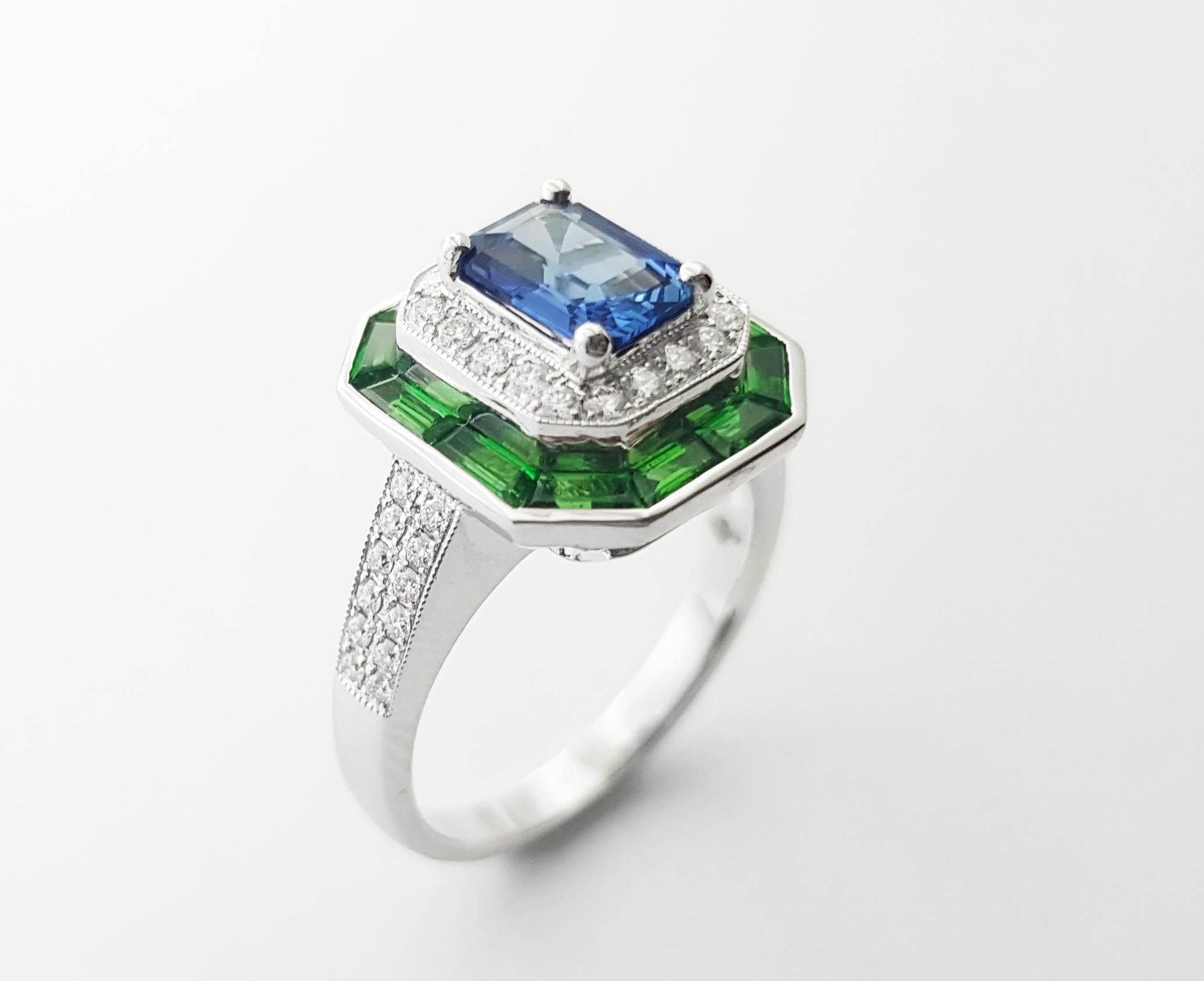 Blue Sapphire with Tsavorite and Diamond Ring set in 18K White Gold Settings For Sale 5