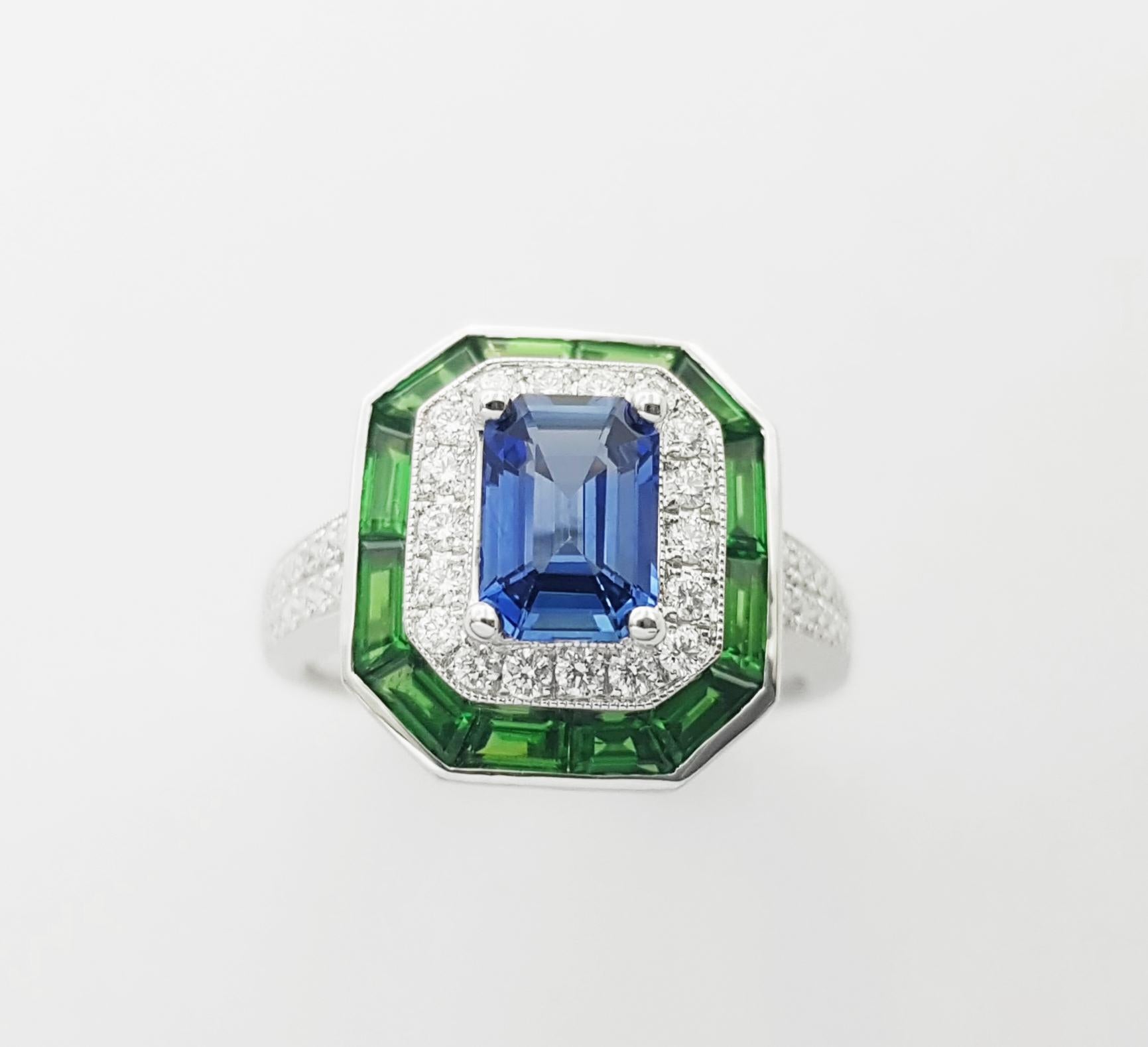 Blue Sapphire with Tsavorite and Diamond Ring set in 18K White Gold Settings For Sale 6