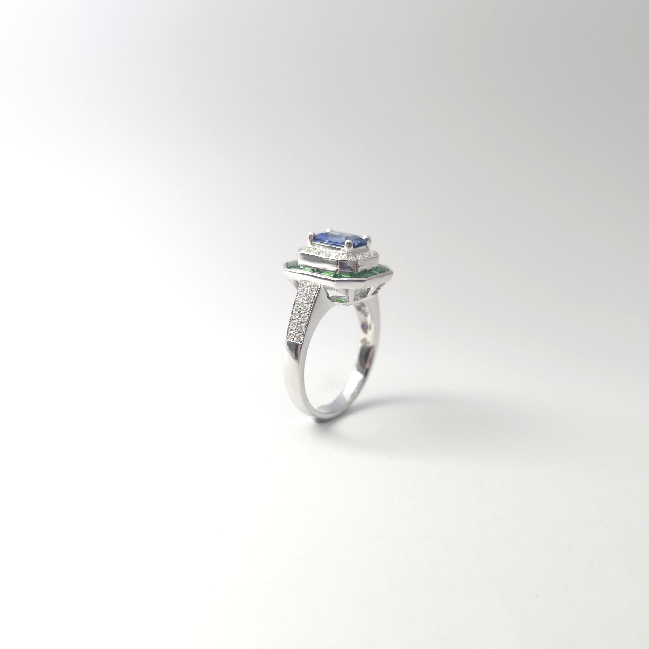Blue Sapphire with Tsavorite and Diamond Ring set in 18K White Gold Settings For Sale 7