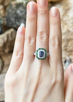 Blue Sapphire with Tsavorite and Diamond Ring set in 18K White Gold Settings