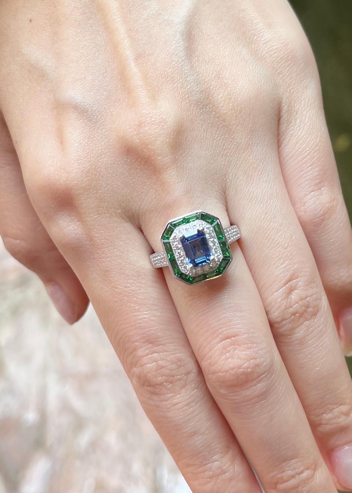 Emerald Cut Blue Sapphire with Tsavorite and Diamond Ring set in 18K White Gold Settings For Sale