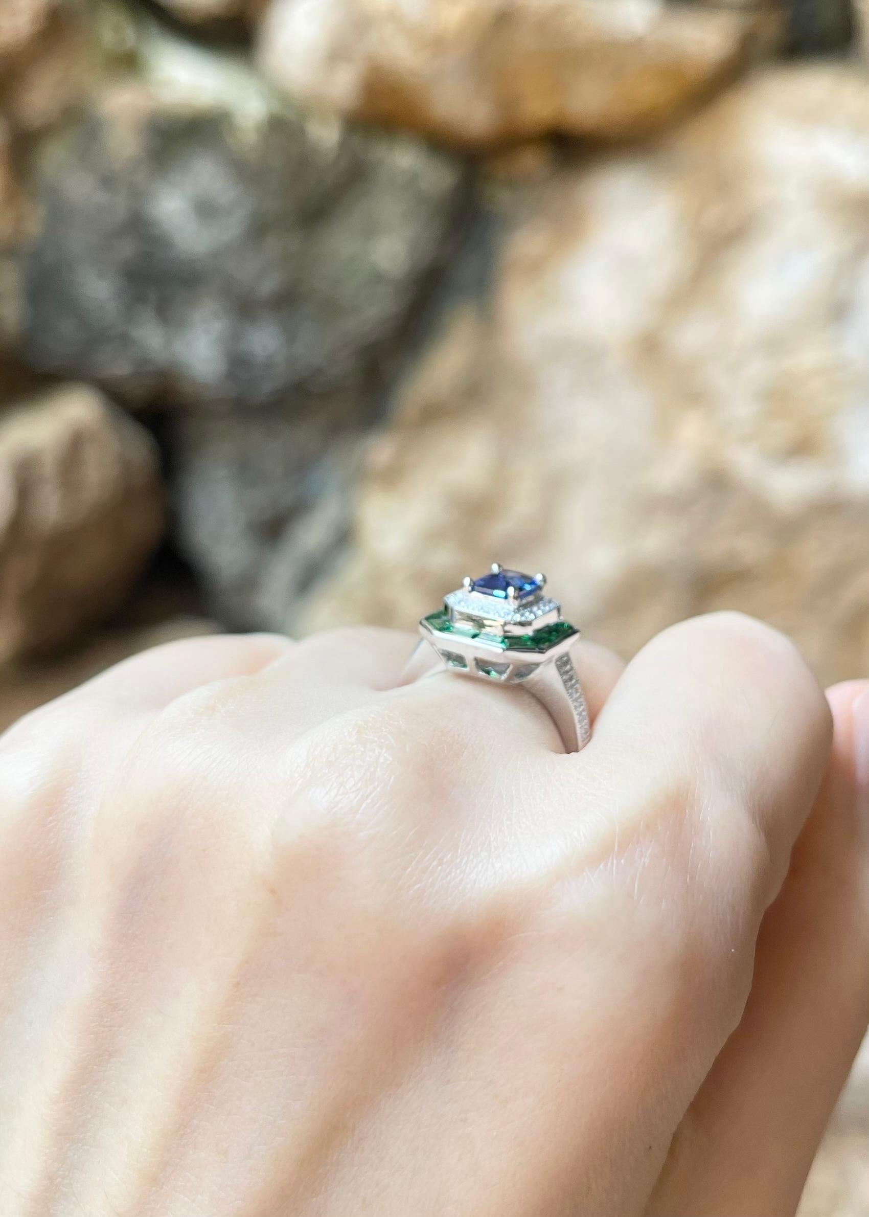 Women's Blue Sapphire with Tsavorite and Diamond Ring set in 18K White Gold Settings For Sale