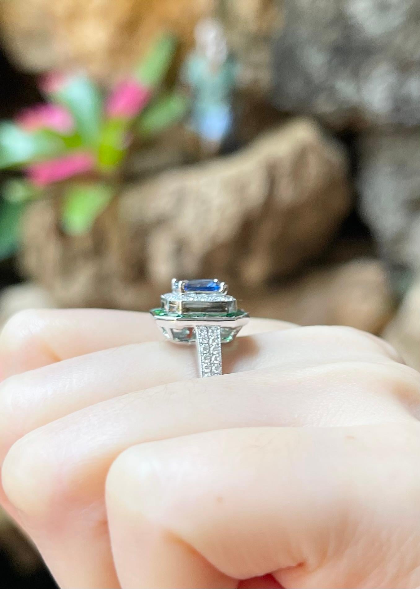 Blue Sapphire with Tsavorite and Diamond Ring set in 18K White Gold Settings For Sale 1