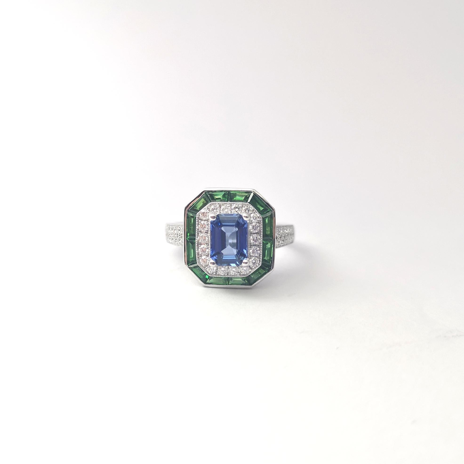 Blue Sapphire with Tsavorite and Diamond Ring set in 18K White Gold Settings For Sale 2