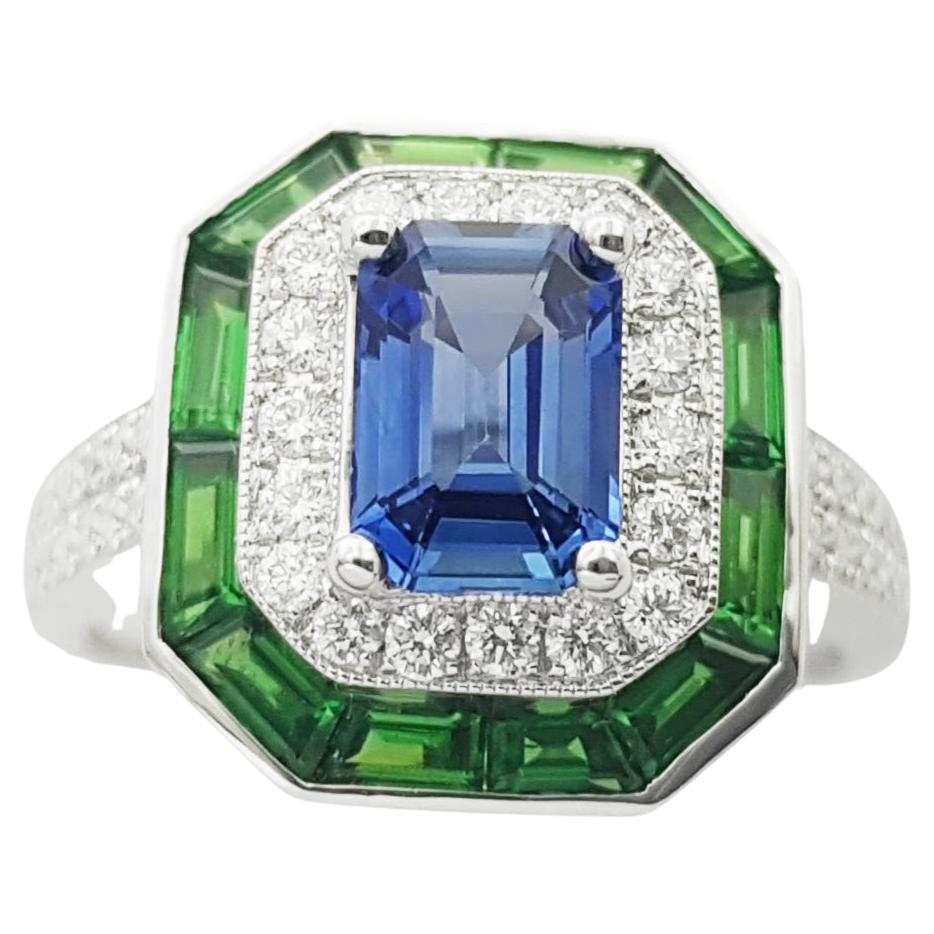 Blue Sapphire with Tsavorite and Diamond Ring set in 18K White Gold Settings