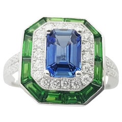 Bague en or blanc 18 carats sertie de saphir bleu avec tsavorite et diamants