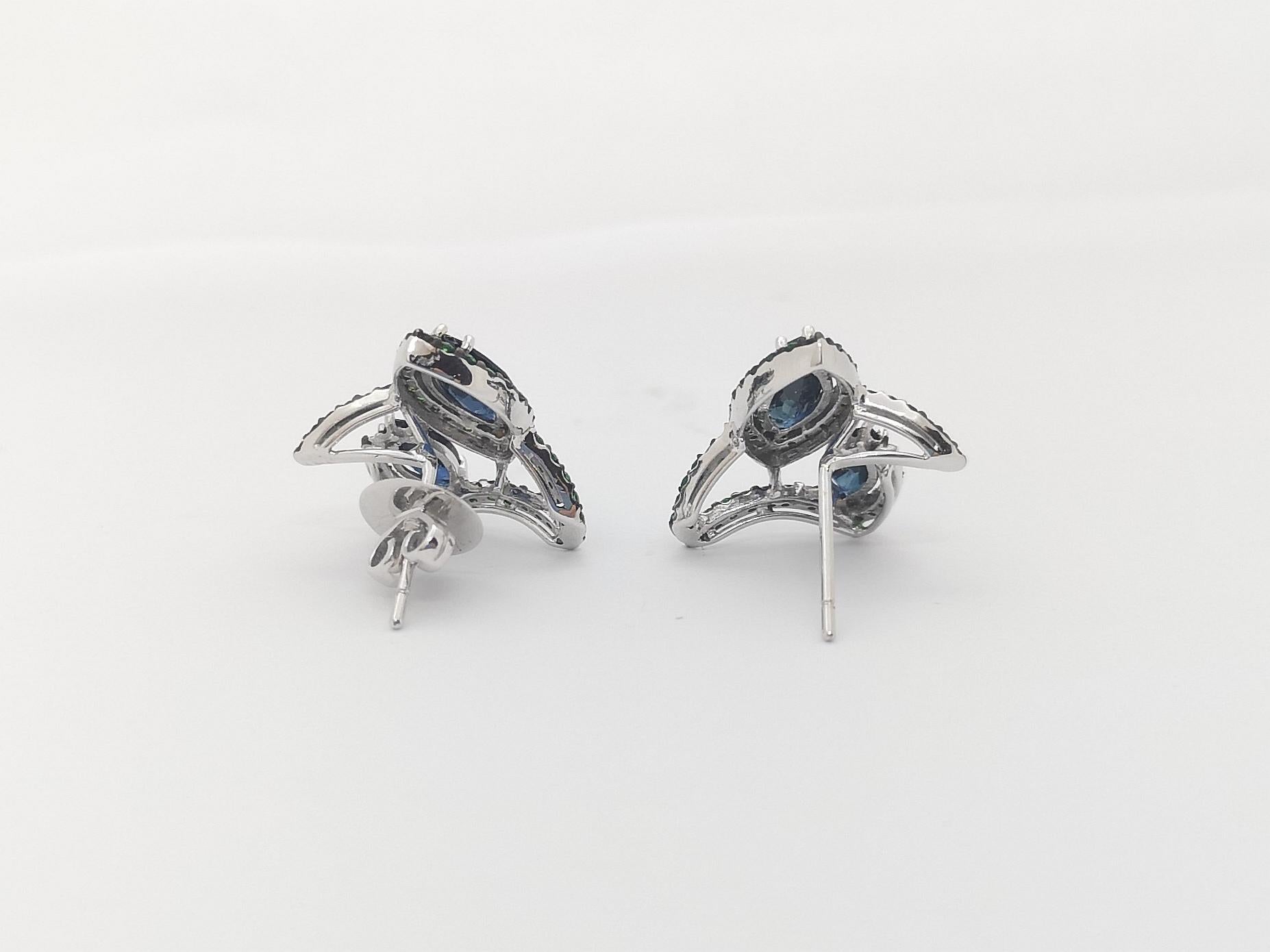 Blue Sapphire with Tsavorite Earrings Set in 18k White Gold Settings For Sale 4
