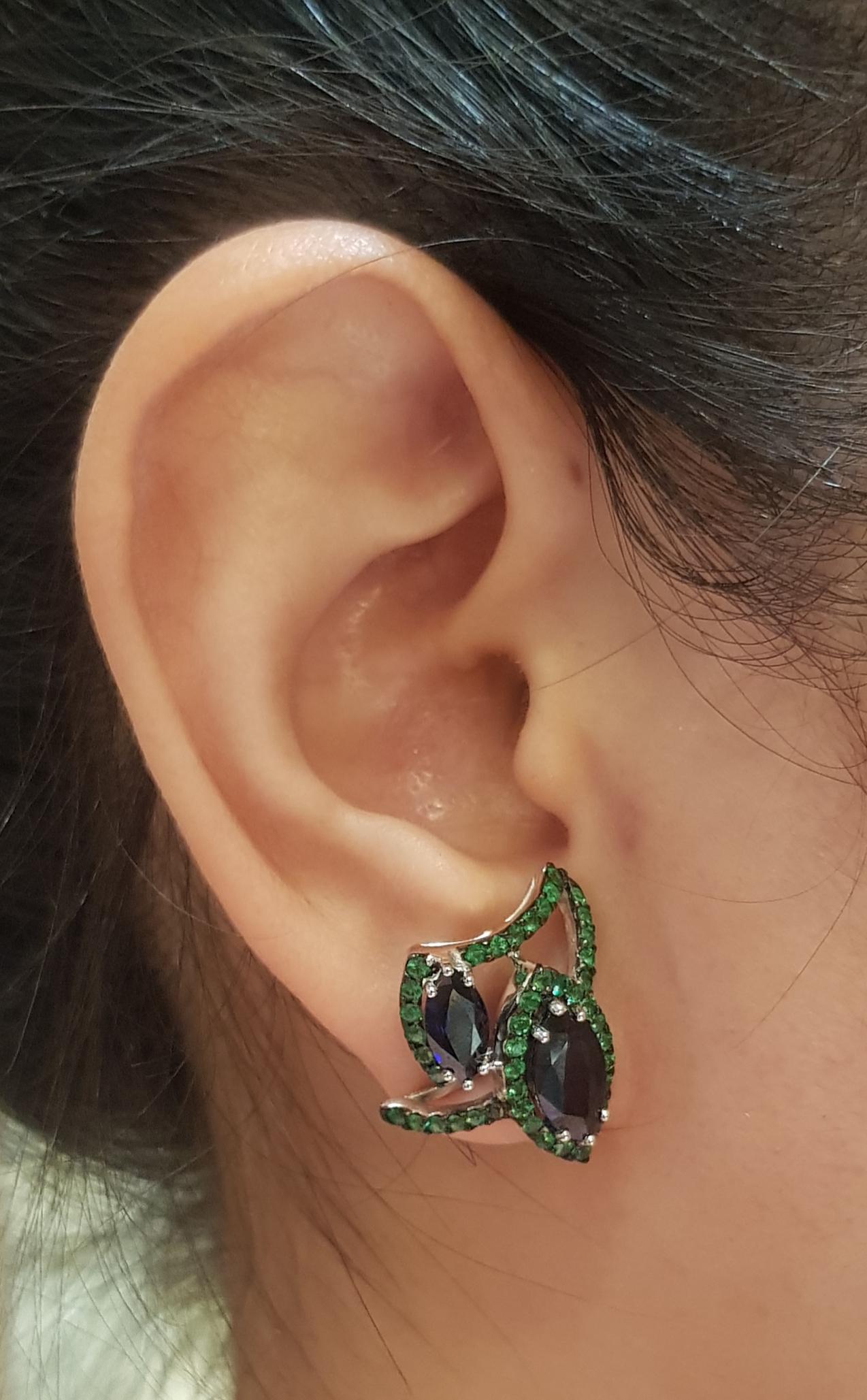 Contemporary Blue Sapphire with Tsavorite Earrings Set in 18k White Gold Settings For Sale