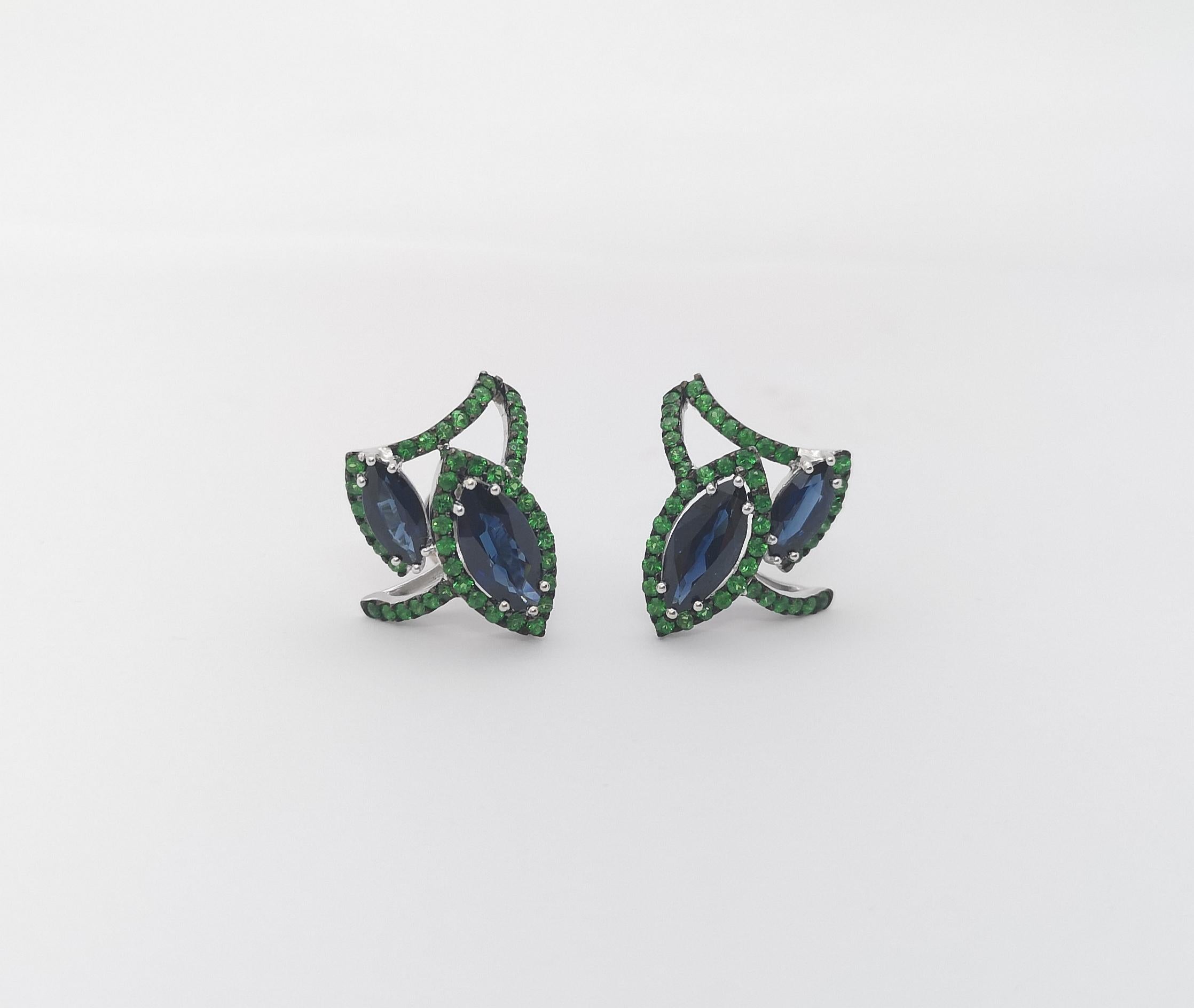 Marquise Cut Blue Sapphire with Tsavorite Earrings Set in 18k White Gold Settings For Sale