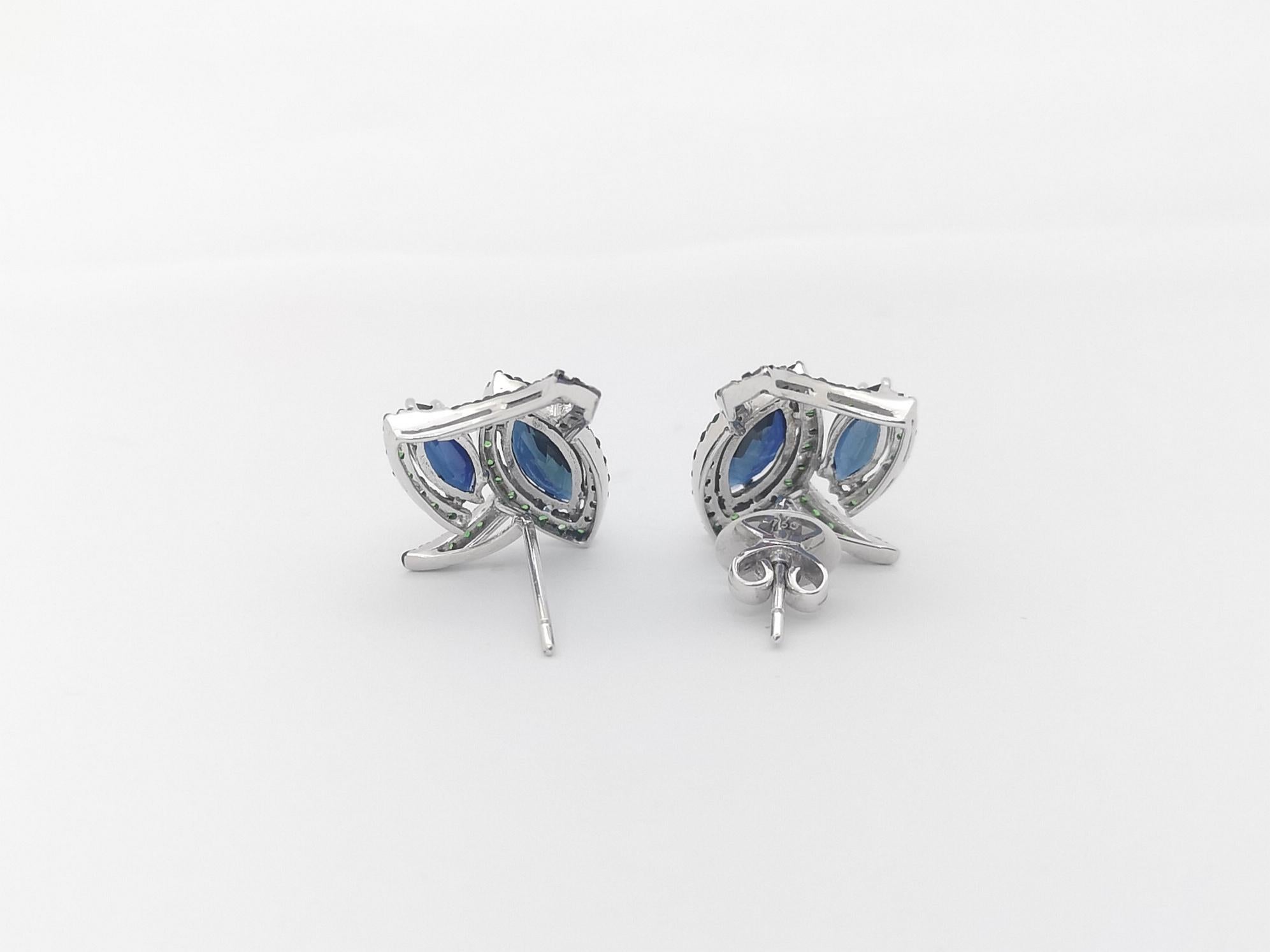 Blue Sapphire with Tsavorite Earrings Set in 18k White Gold Settings For Sale 1