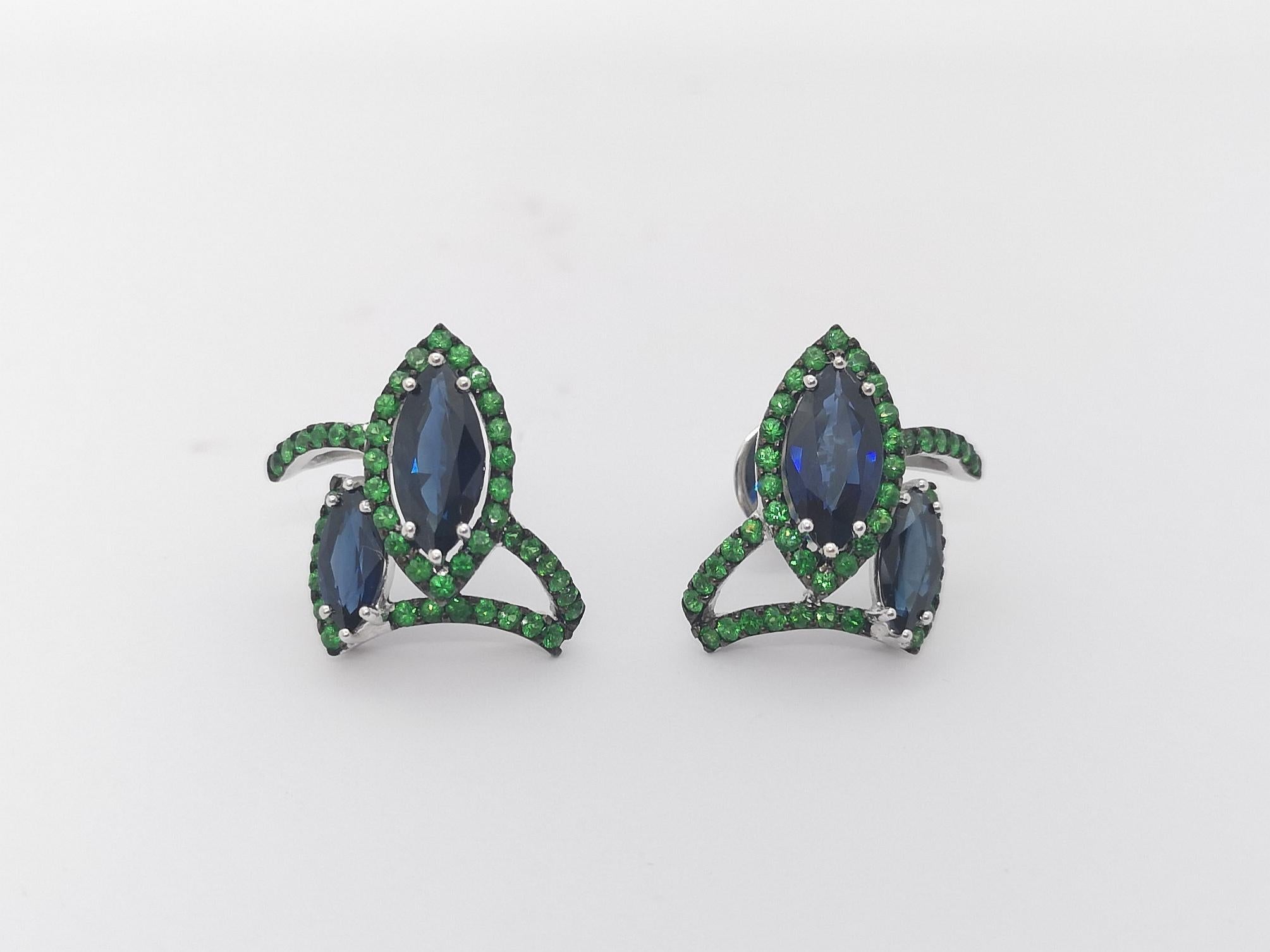 Blue Sapphire with Tsavorite Earrings Set in 18k White Gold Settings For Sale 2