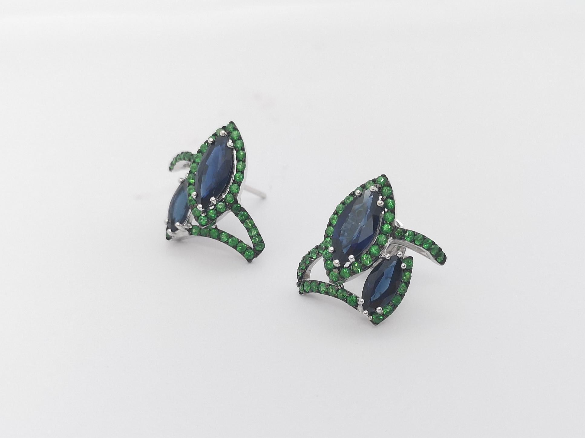 Blue Sapphire with Tsavorite Earrings Set in 18k White Gold Settings For Sale 3