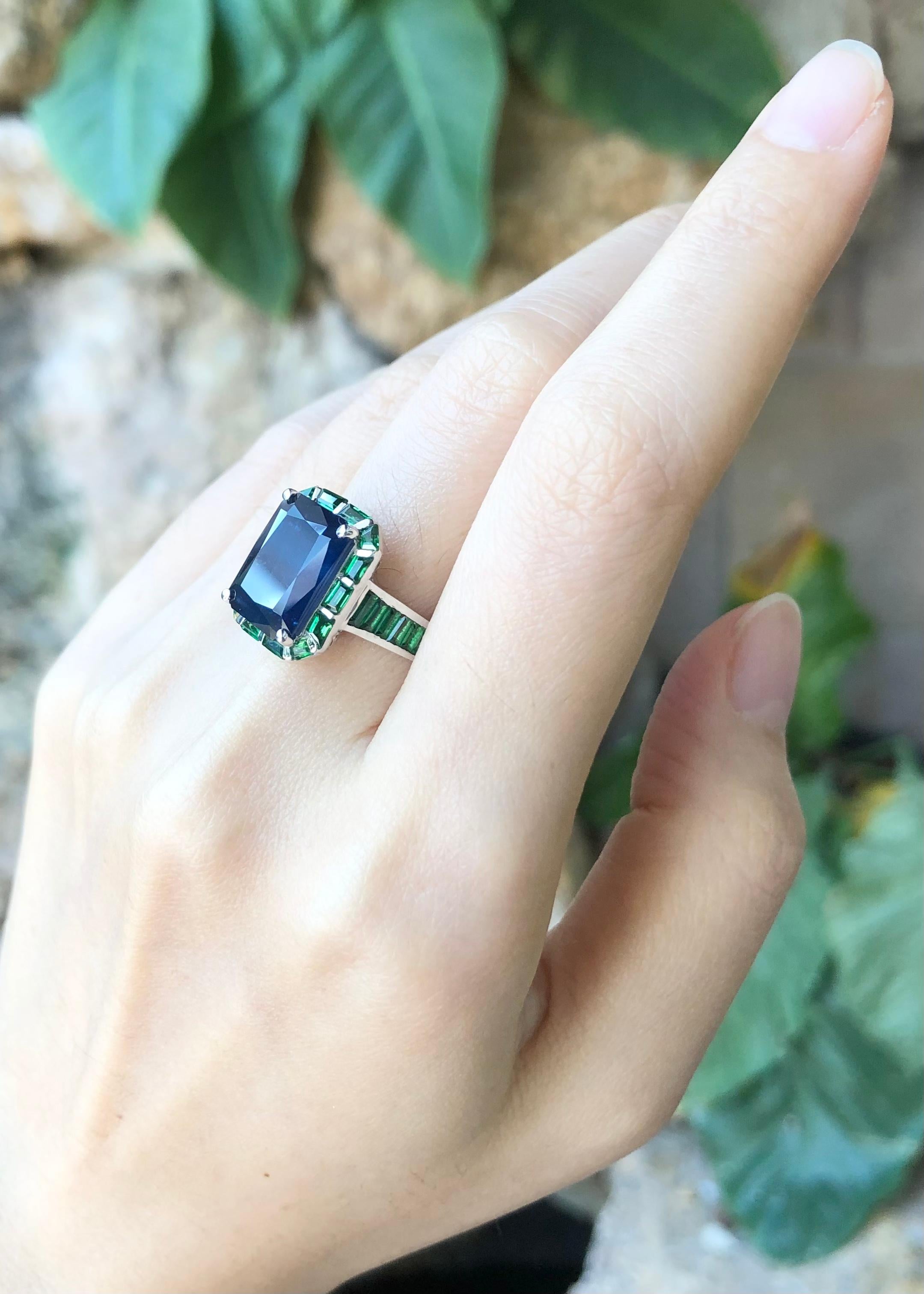 Contemporary Blue Sapphire with Tsavorite Ring et in 18 Karat White Gold Settings For Sale