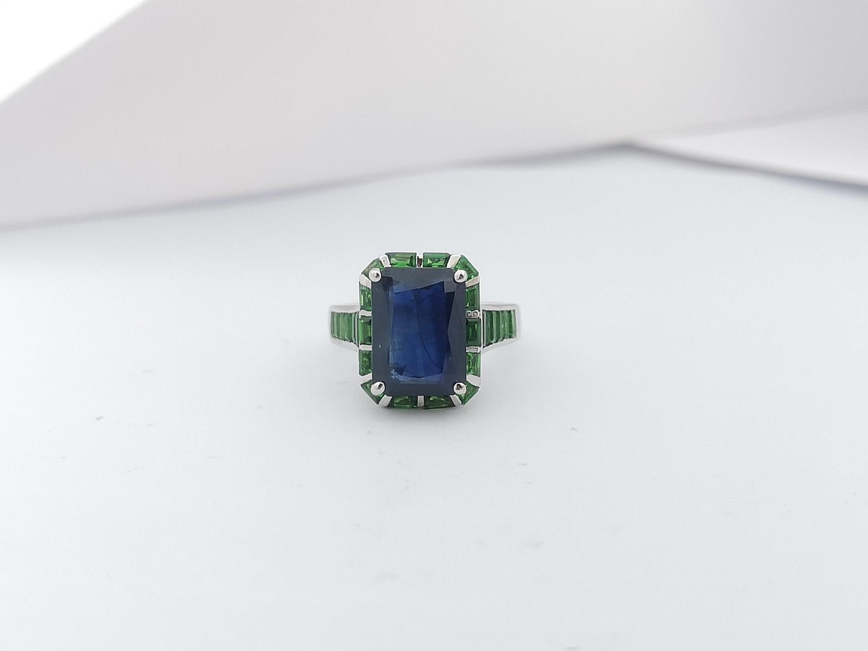 Blue Sapphire with Tsavorite Ring et in 18 Karat White Gold Settings For Sale 2