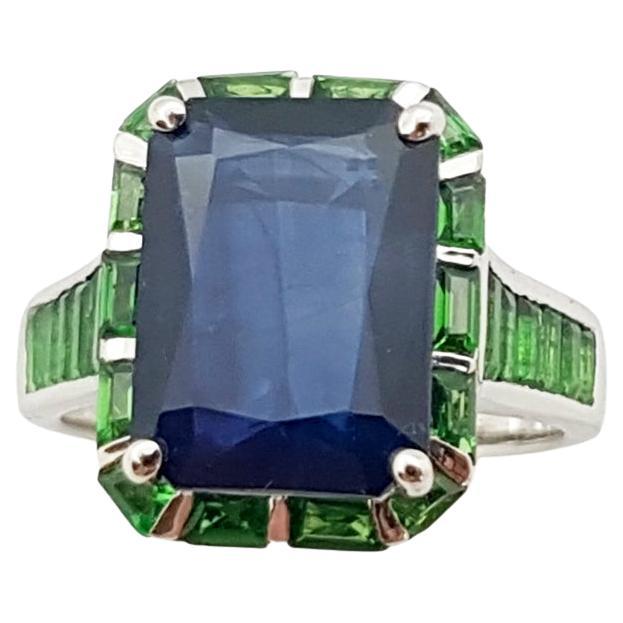 Blue Sapphire with Tsavorite Ring et in 18 Karat White Gold Settings