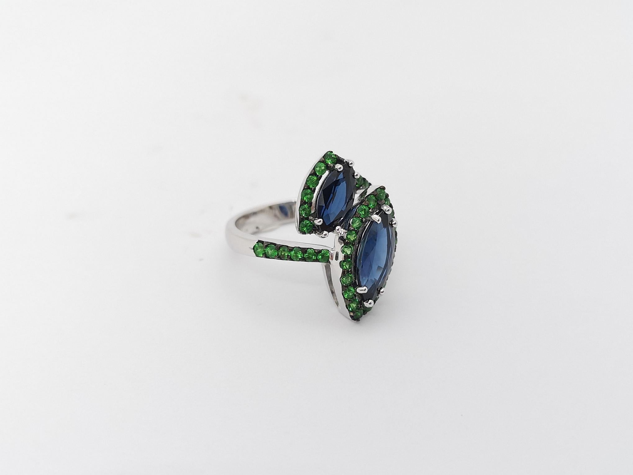 Blue Sapphire with Tsavorite Ring Set in 18k White Gold Settings For Sale 4