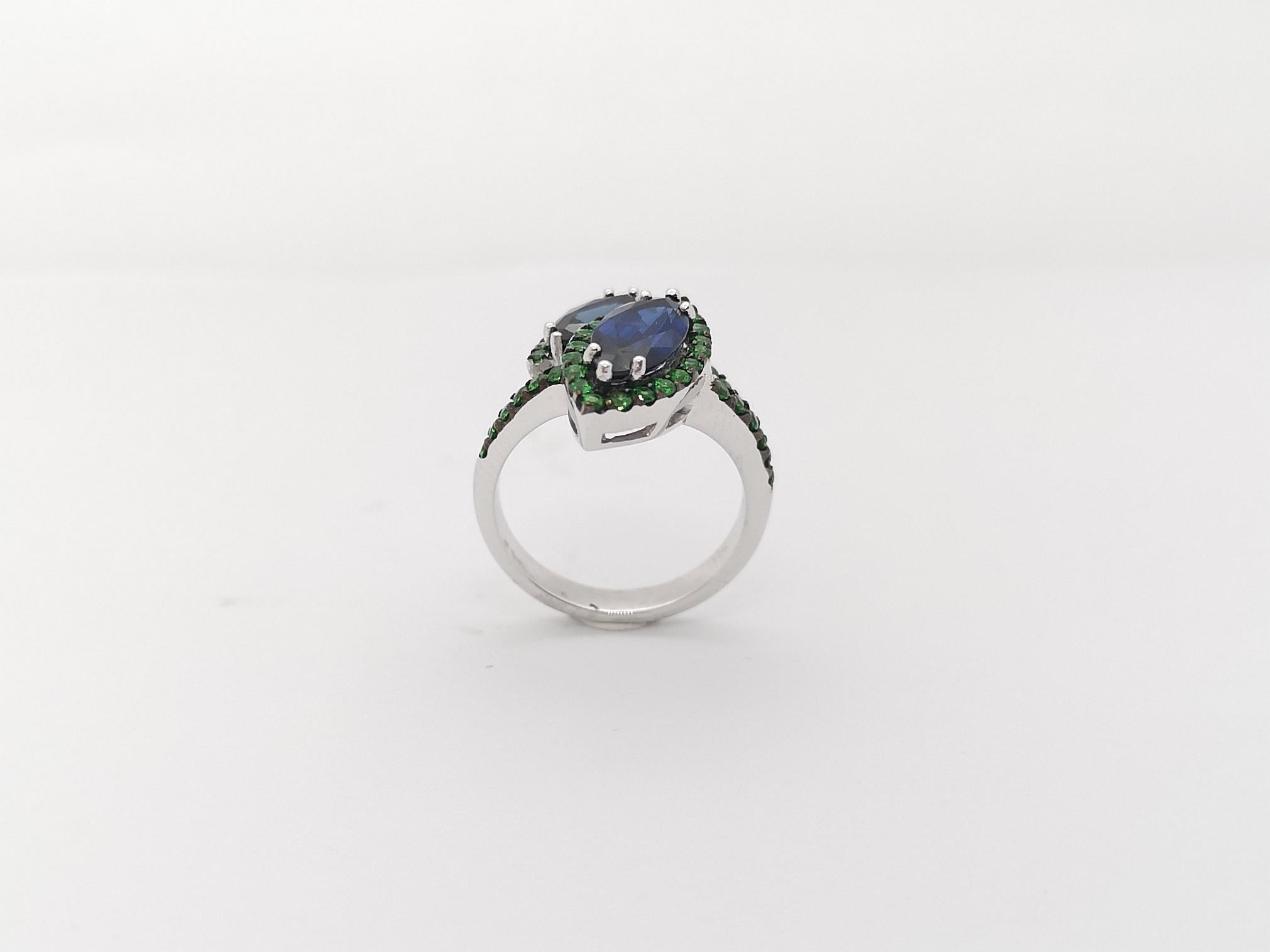 Blue Sapphire with Tsavorite Ring Set in 18k White Gold Settings For Sale 5