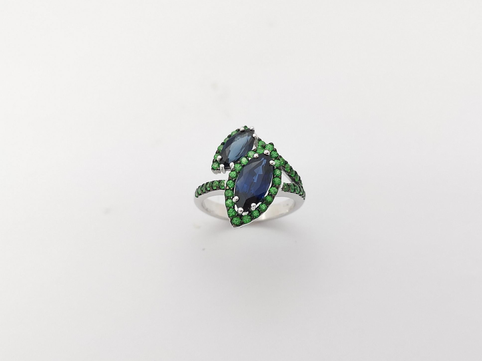 Blue Sapphire with Tsavorite Ring Set in 18k White Gold Settings For Sale 7