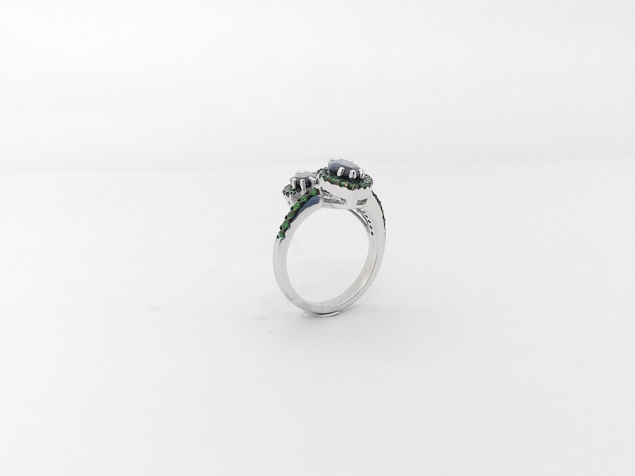 Blue Sapphire with Tsavorite Ring Set in 18k White Gold Settings For Sale 8