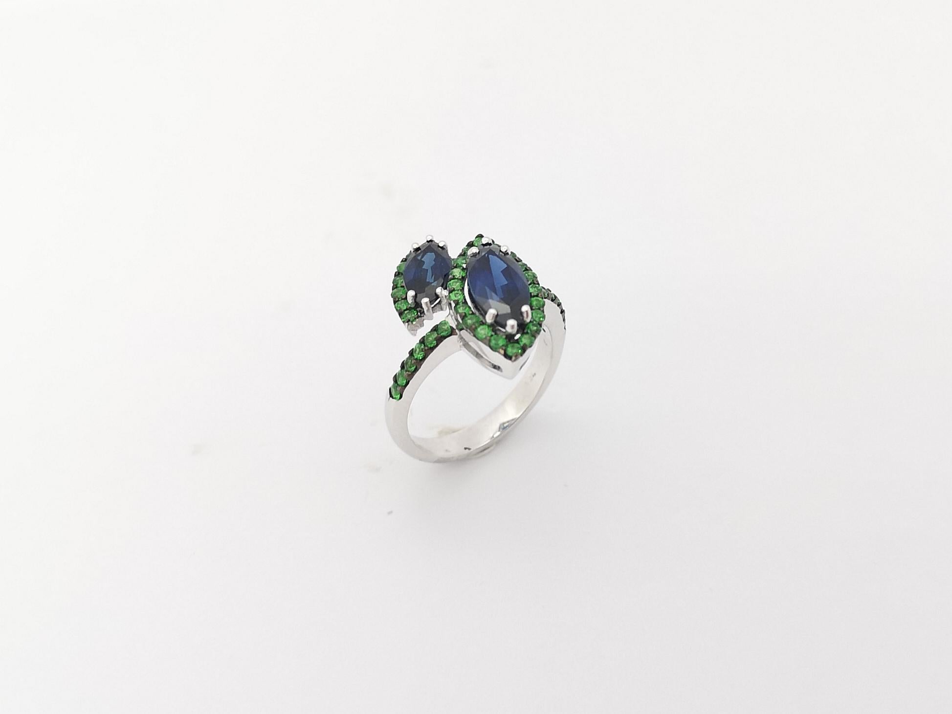 Blue Sapphire with Tsavorite Ring Set in 18k White Gold Settings For Sale 9