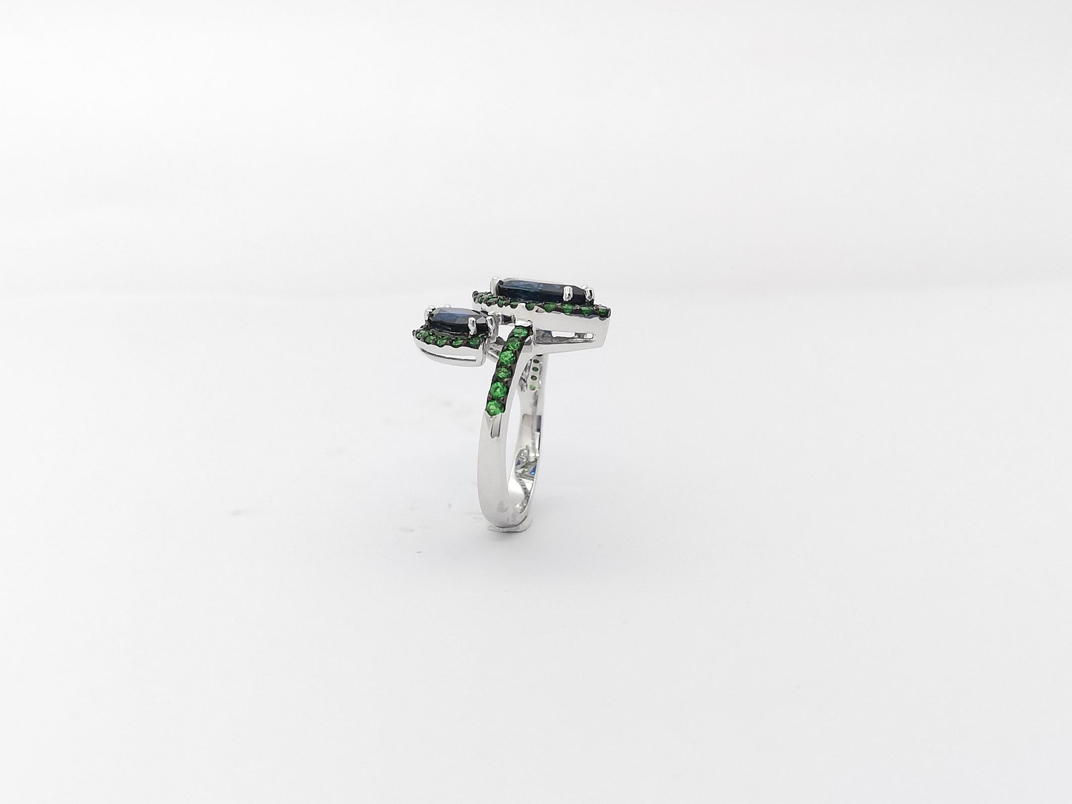Blue Sapphire with Tsavorite Ring Set in 18k White Gold Settings For Sale 10