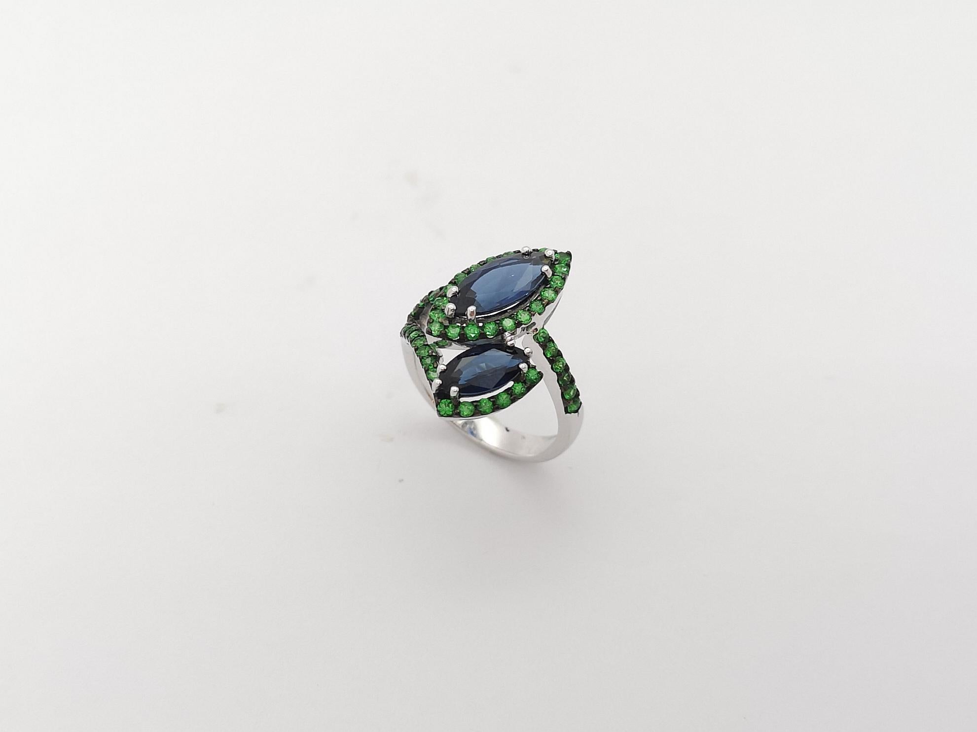 Blue Sapphire with Tsavorite Ring Set in 18k White Gold Settings For Sale 11