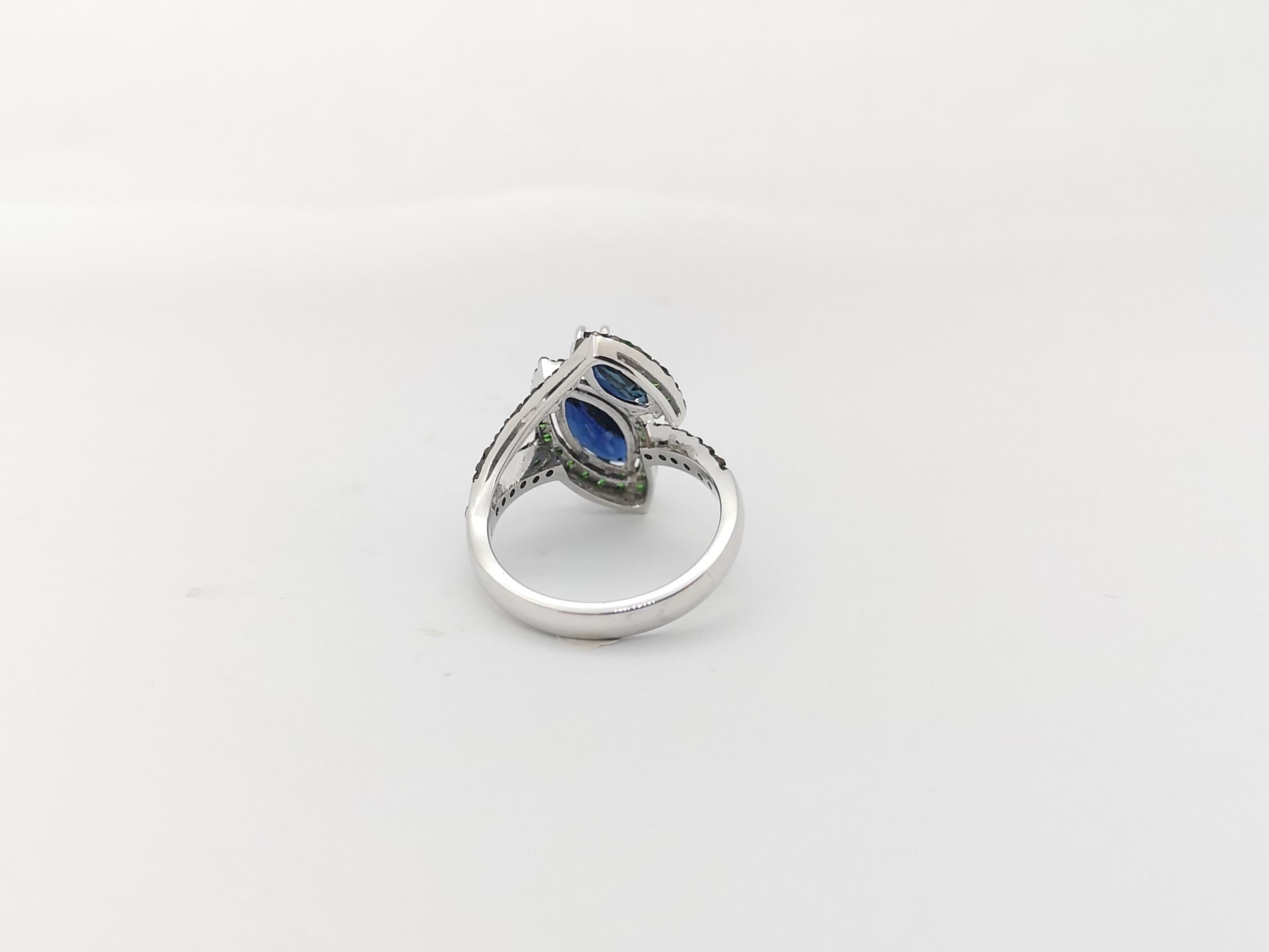 Blue Sapphire with Tsavorite Ring Set in 18k White Gold Settings For Sale 12