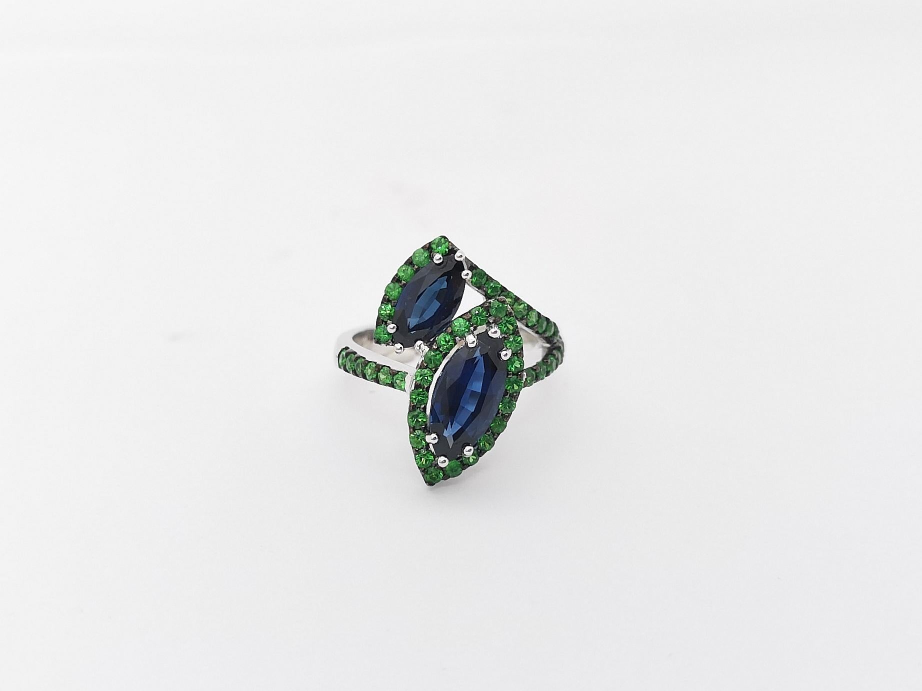 Blue Sapphire with Tsavorite Ring Set in 18k White Gold Settings For Sale 13