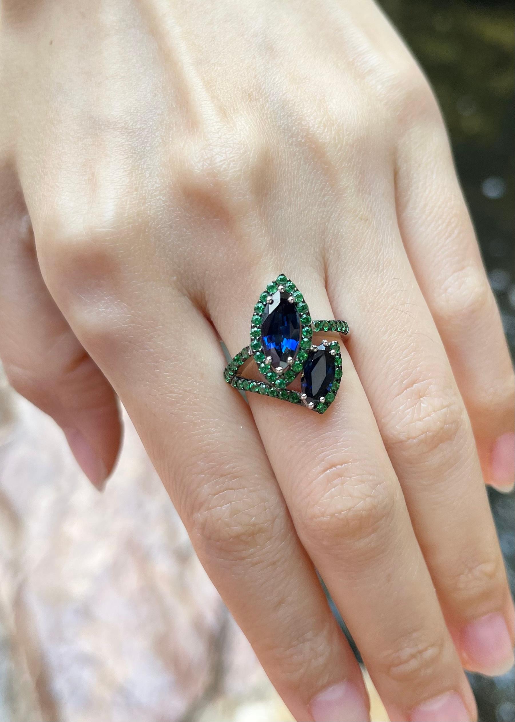 Blue Sapphire with Tsavorite Ring Set in 18k White Gold Settings For Sale 2