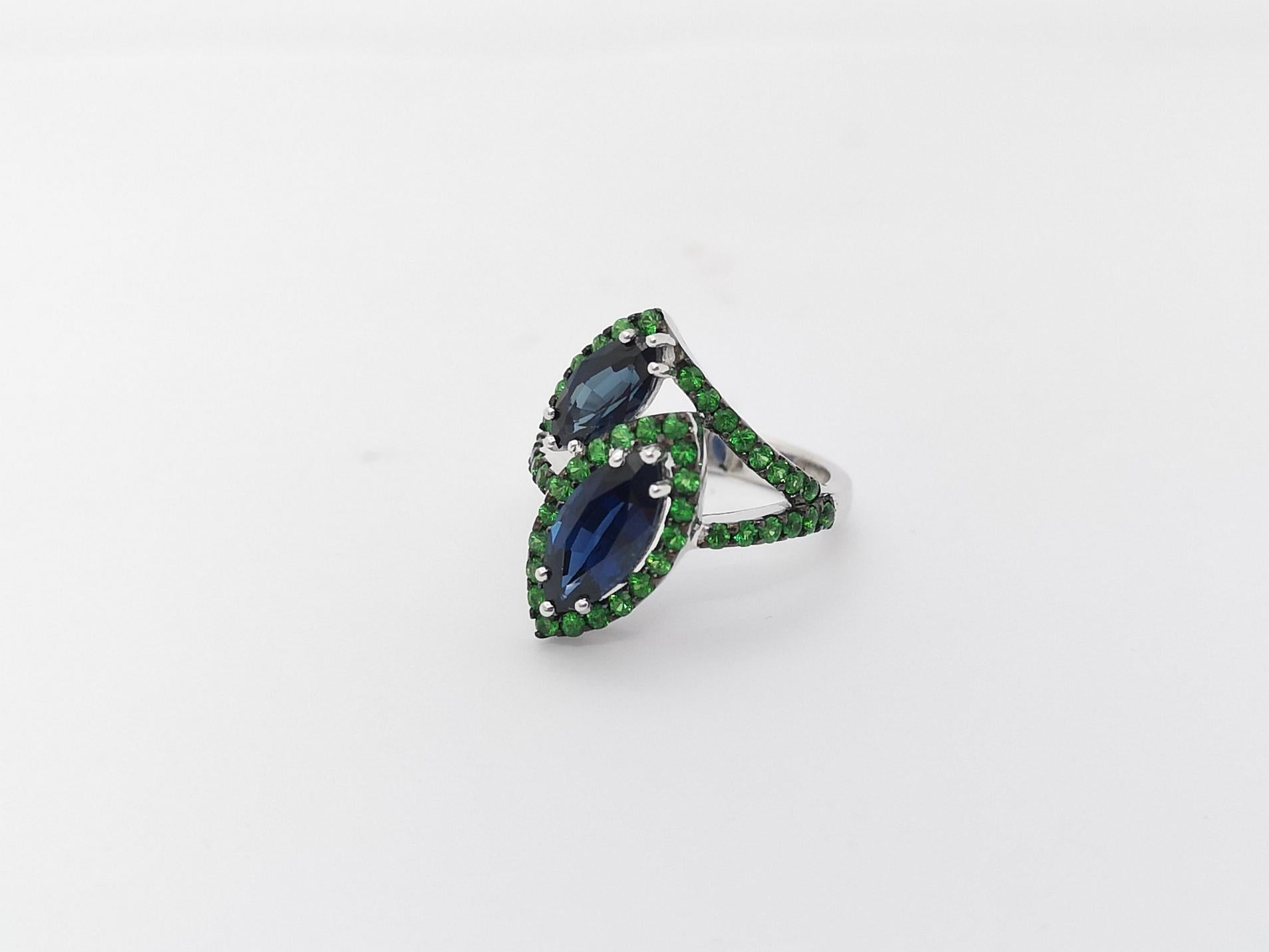 Blue Sapphire with Tsavorite Ring Set in 18k White Gold Settings For Sale 3