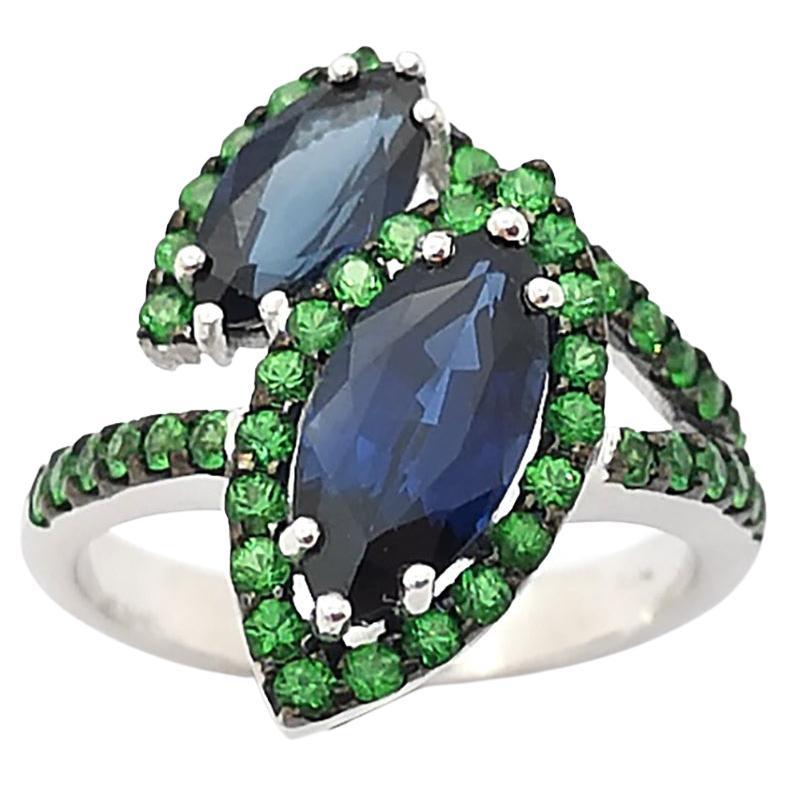 Blue Sapphire with Tsavorite Ring Set in 18k White Gold Settings For Sale