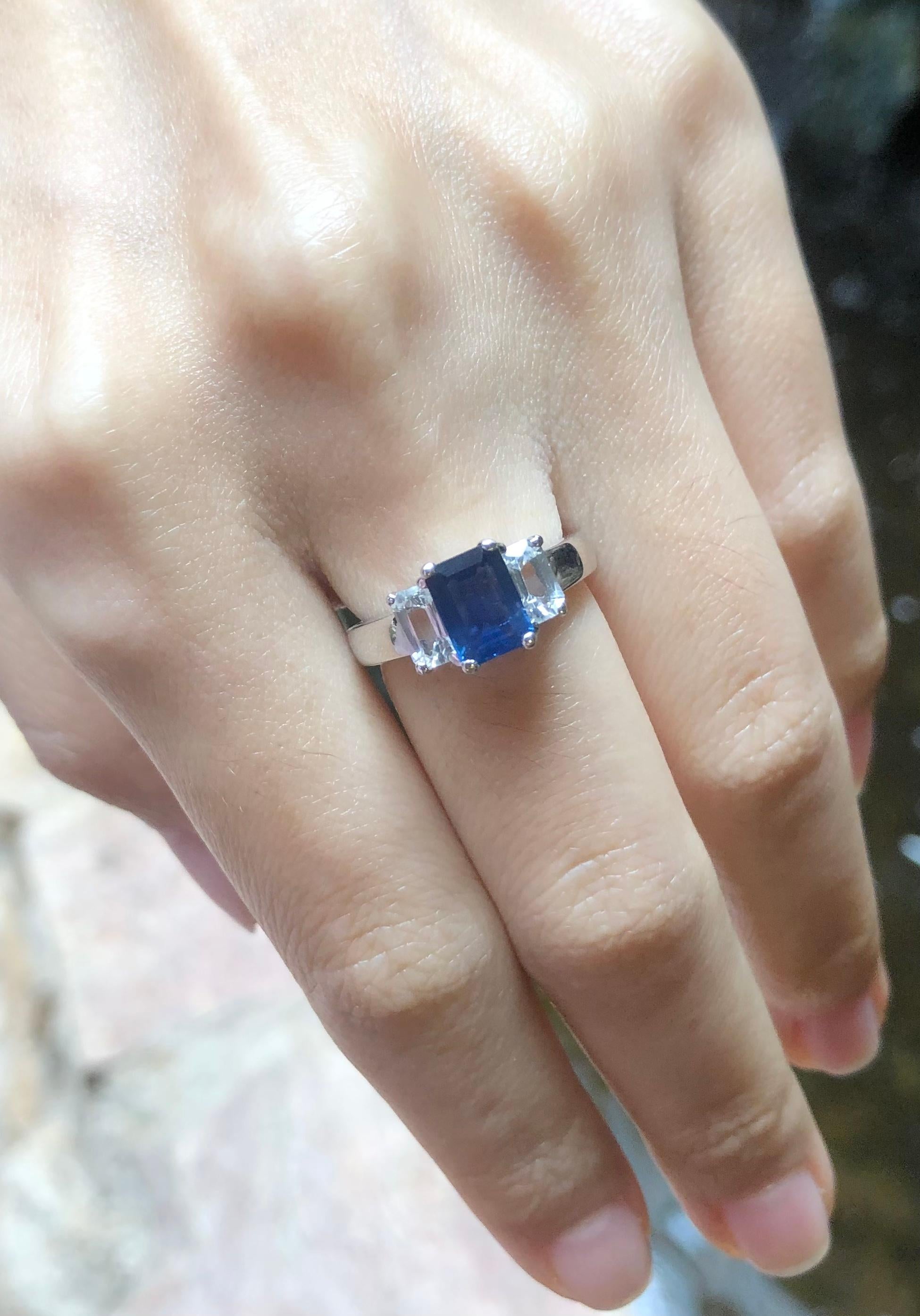 Contemporary Blue Sapphire with White Sapphire Ring Set in Platinum 900 Settings For Sale