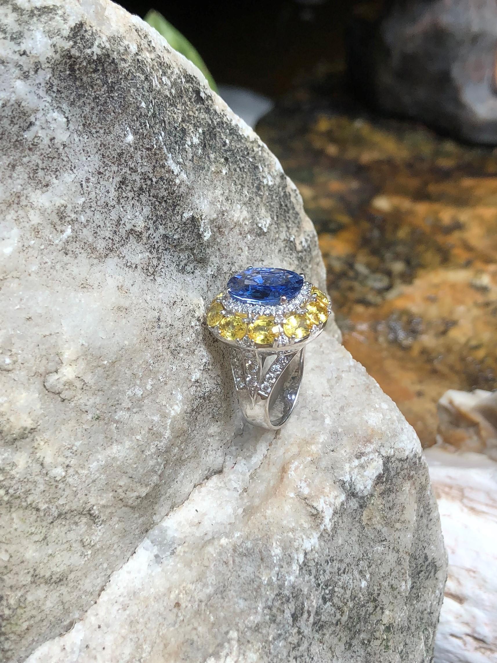 Blue Sapphire with Yellow Sapphire and Diamond Ring Set in 18 Karat White Gold 5