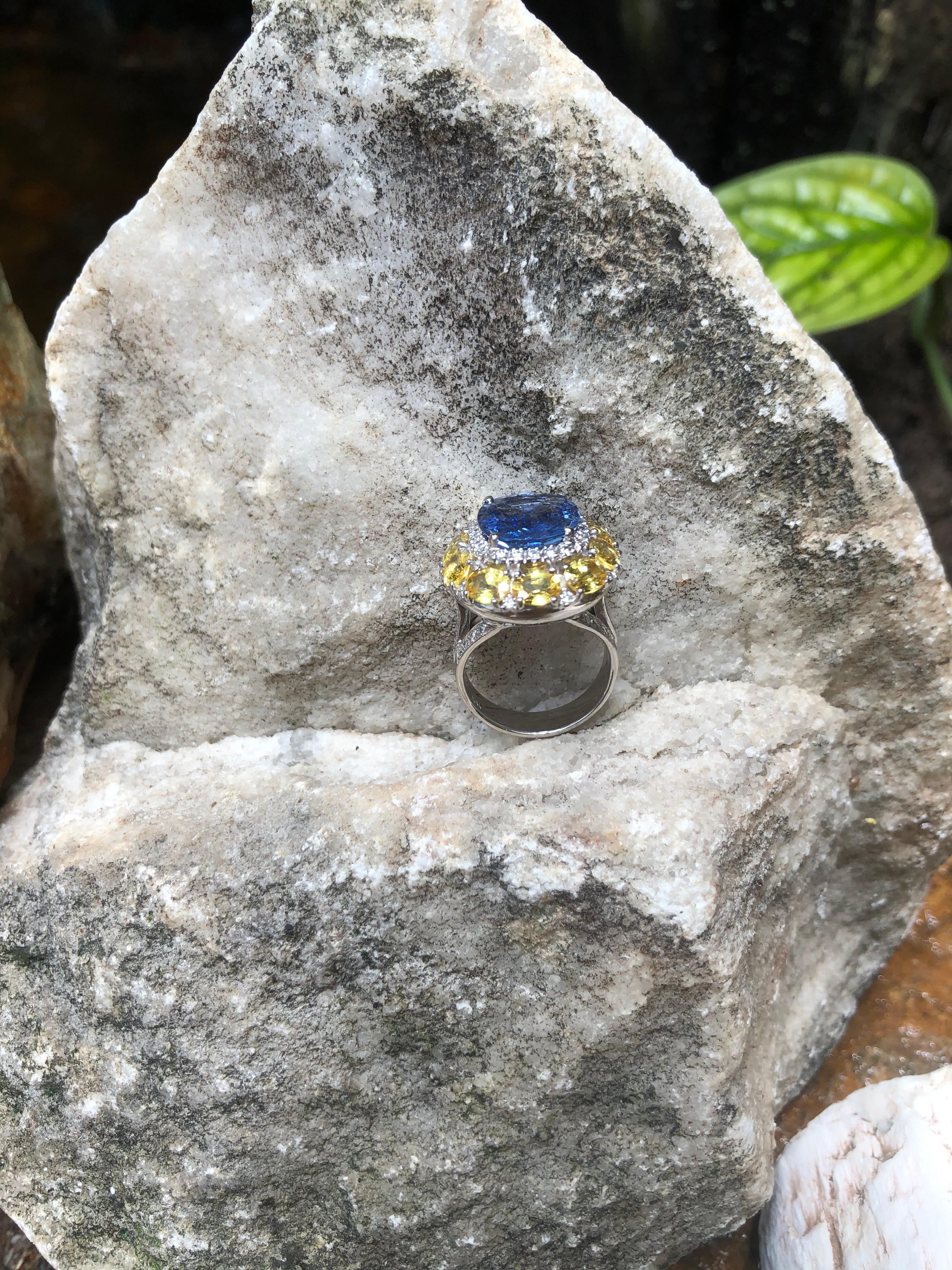 Blue Sapphire with Yellow Sapphire and Diamond Ring Set in 18 Karat White Gold 7