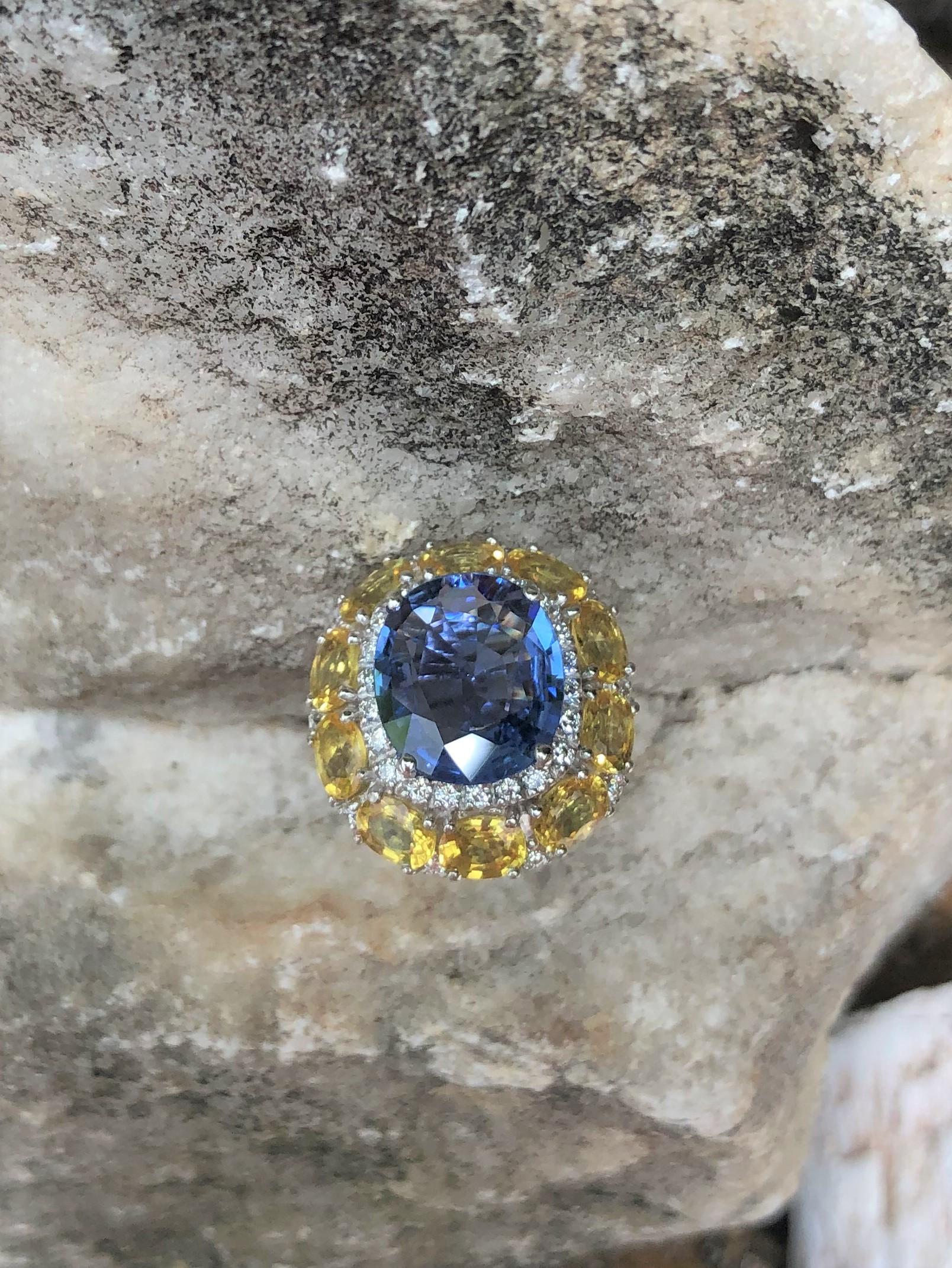 Blue Sapphire with Yellow Sapphire and Diamond Ring Set in 18 Karat White Gold 9